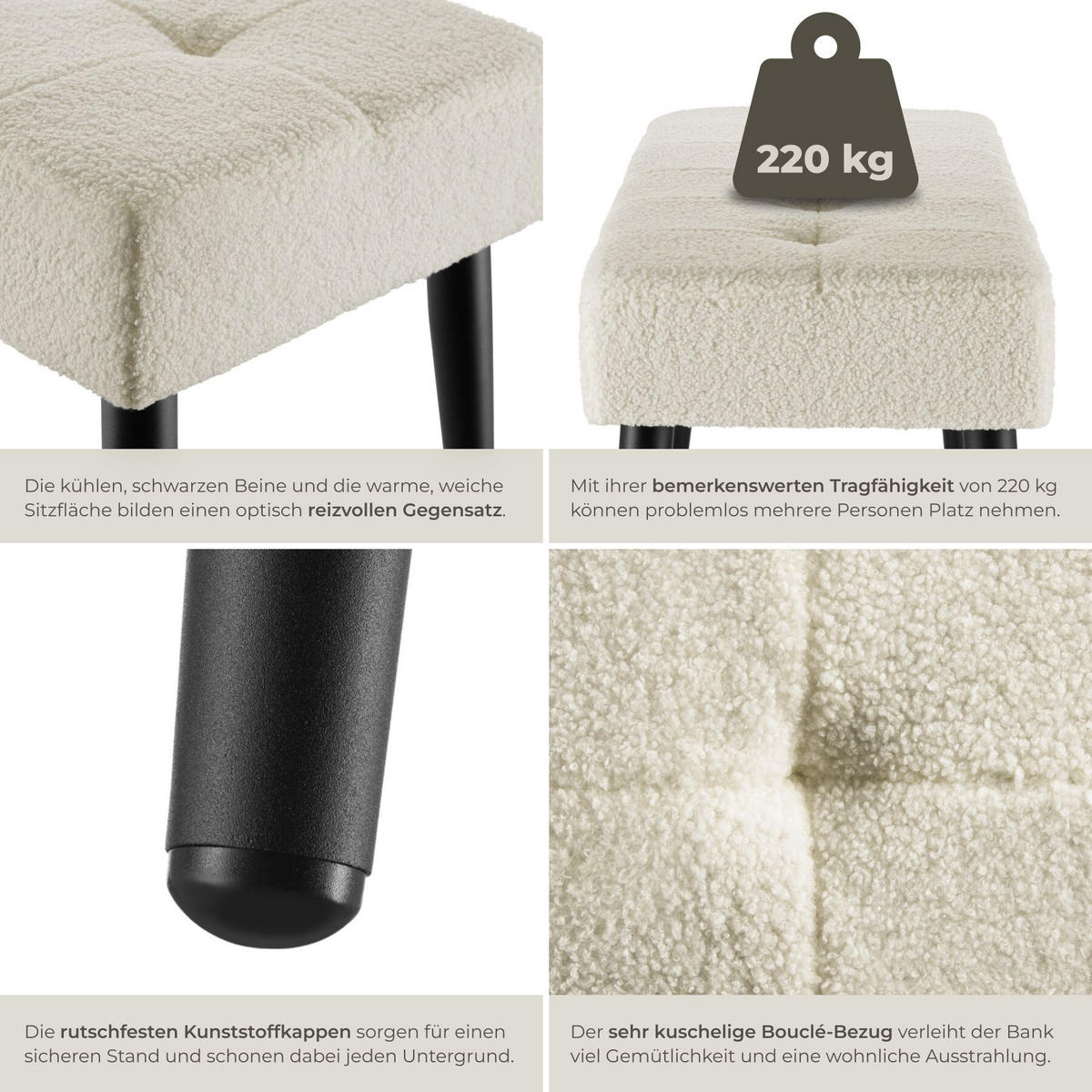SITZBANK Glora, Belastbarkeit 220 kg, 95 x 38 x 45 cm, Bouclé creme - Creme, Holz (95/45/38cm) - tectake
