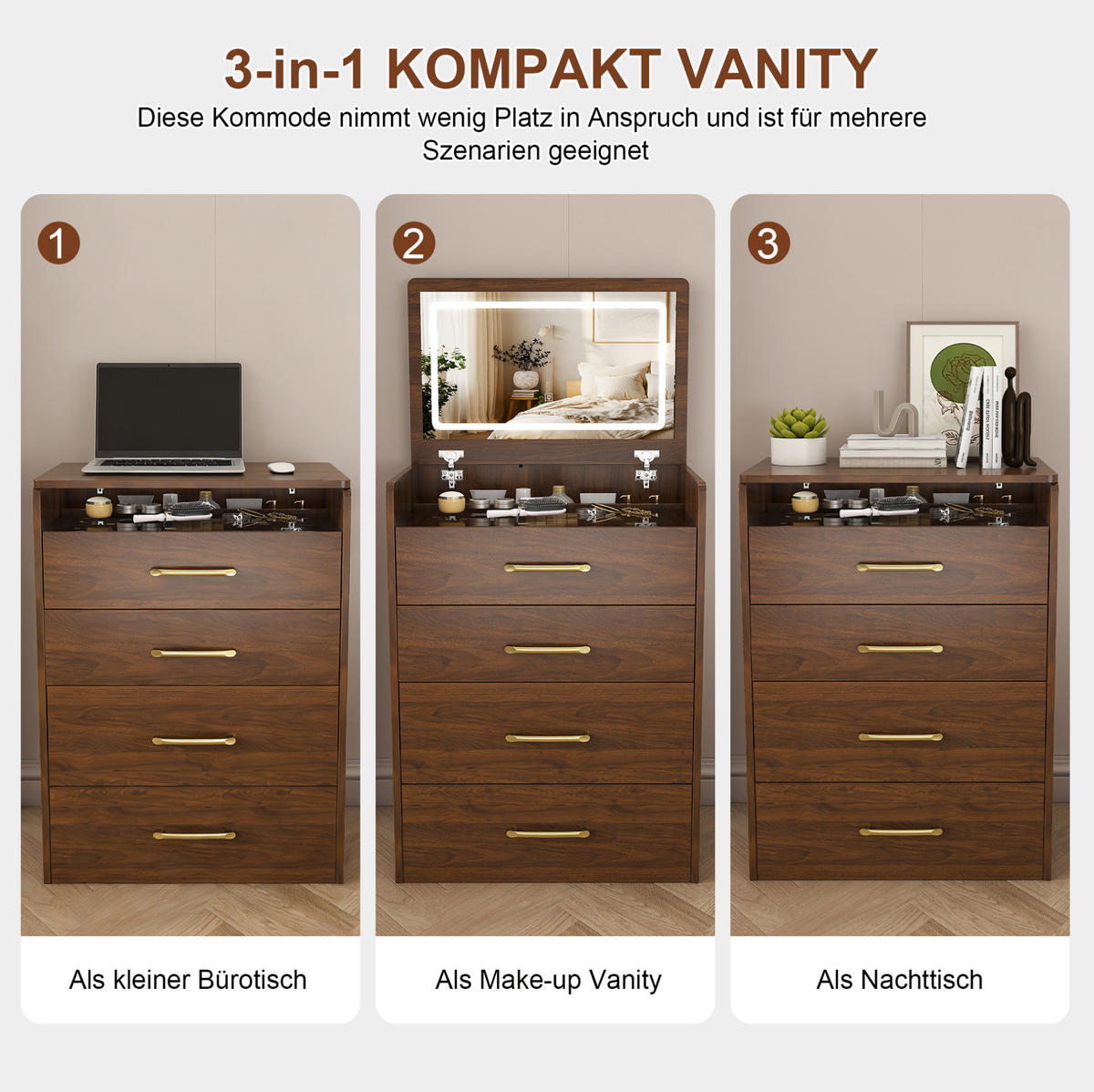 SCHMINKTISCH 40/60/118 cm walnussfarben aus MDF 3-in-1 mit Hocker - Weiß, Holzwerkstoff (40/118/60cm) - OKWISH