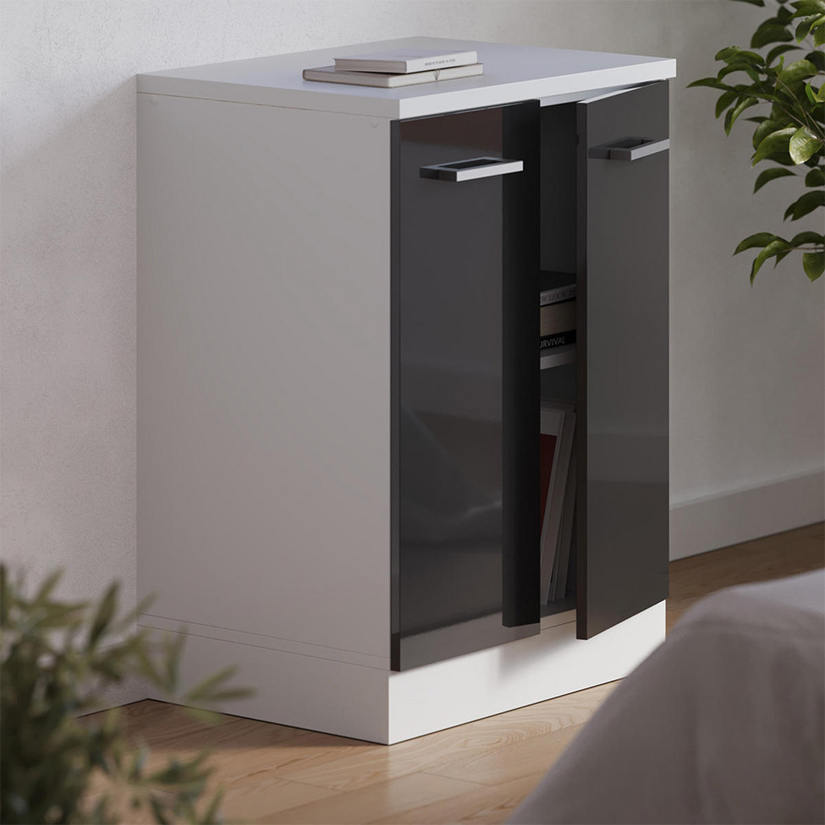 KUHINJSKA OMARA ZA POŠEVNE STREHE R-Line, Antracit z visokim sijajem, 60 cm brez naklona z 2 vrati - črna/bela, leseni material (60/83.8/46cm) - Vicco