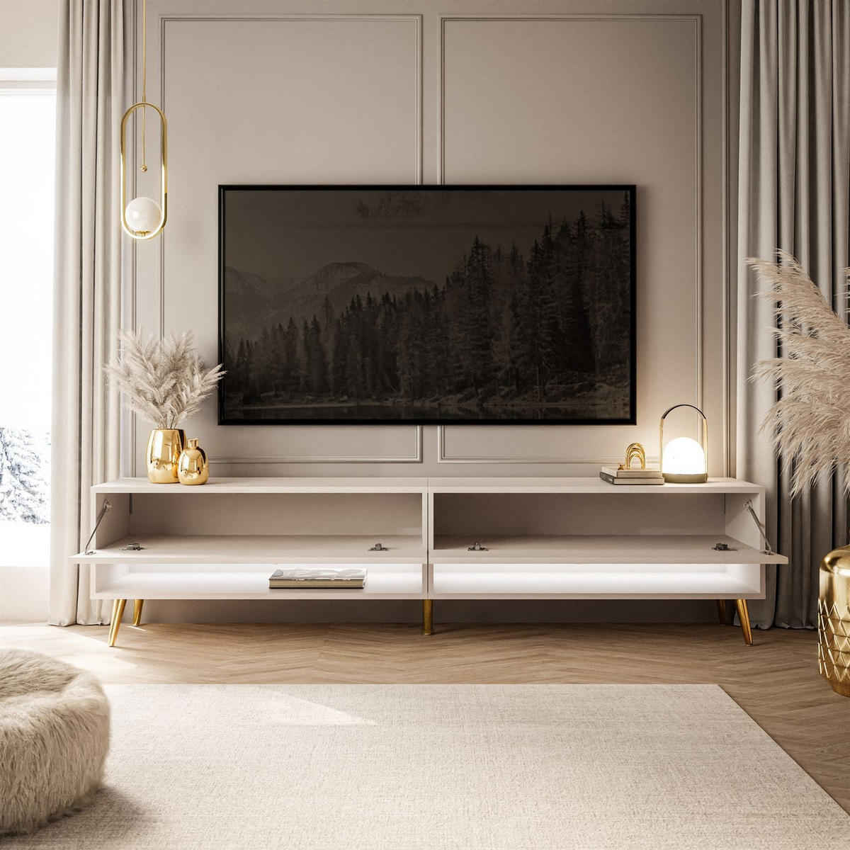 LOWBOARD TV-Schrank CALANTE 180 cm auf schrägen goldenen Chrom-Beinen - Beige/Goldfarben, Holzwerkstoff/Metall (180/43/35cm) - Lookway