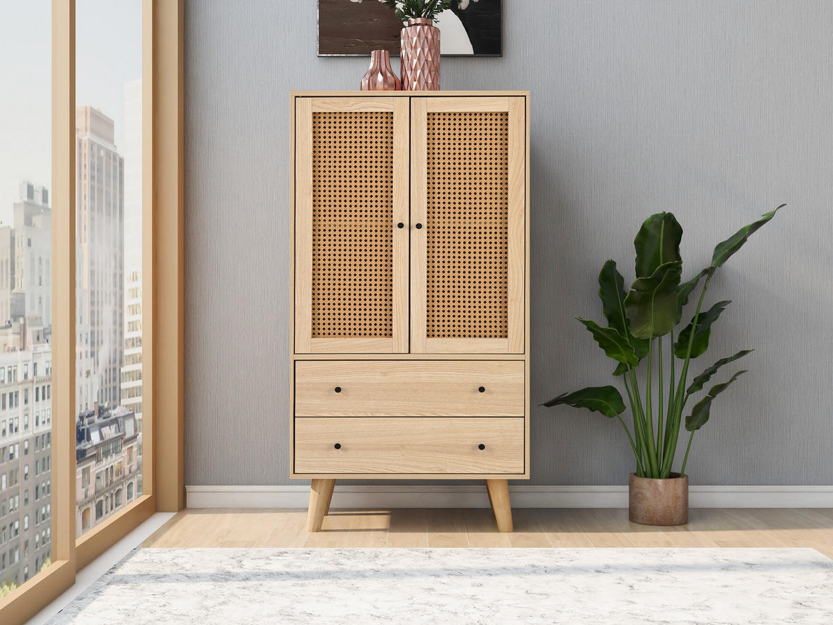 HIGHBOARD mit Rattantüren und 2 Schubladen in Eicheoptik - Eichefarben, Holzwerkstoff (60/120/40cm) - Urban Meuble