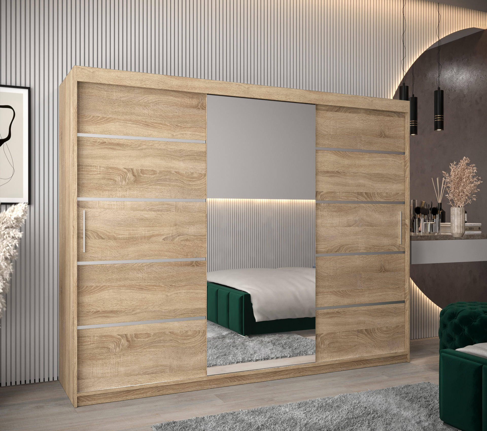 SCHWEBETÜRENSCHRANK 200/250/62 3-türig - Silberfarben/Sonoma Eiche, Holz/Kunststoff (250/200/62cm) - MÖBEL KRYSPOL