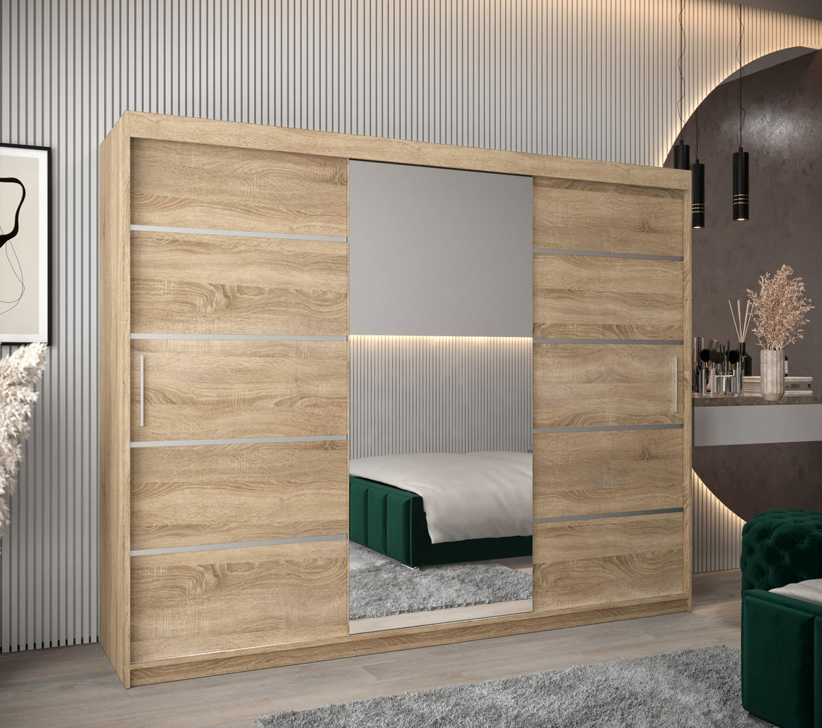 SCHWEBETÜRENSCHRANK 200/250/62 3-türig - Silberfarben/Sonoma Eiche, Holz/Kunststoff (250/200/62cm) - Abiks Möbel