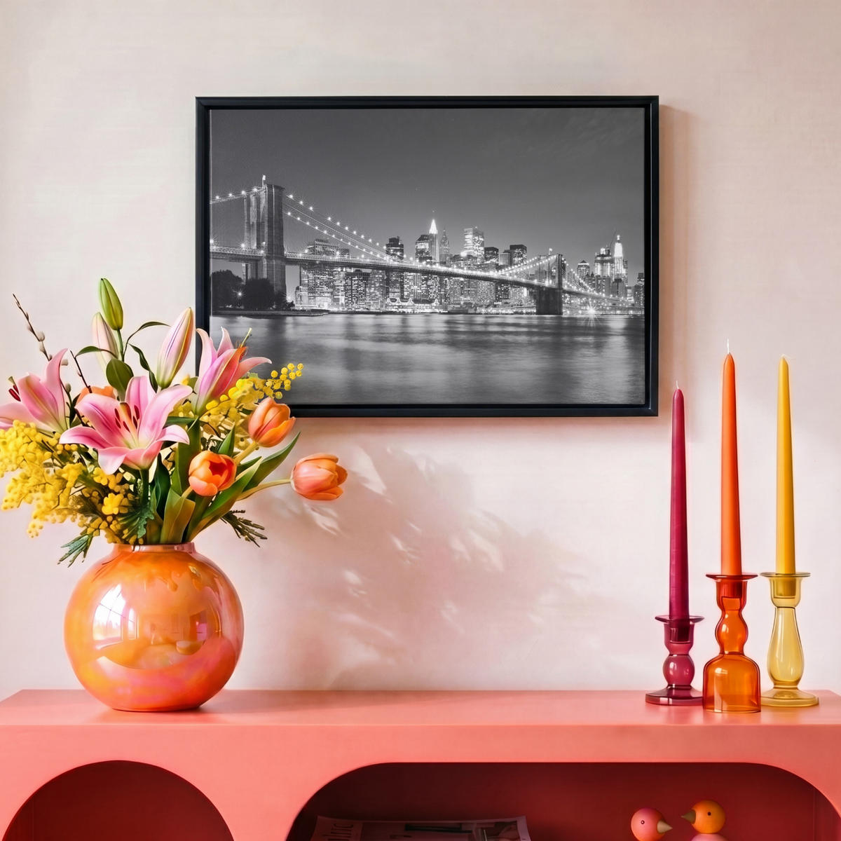 LEINWAND Bilder mit Rahmen - New York - Brücke - Brooklyn - Schwarz und weiß - Architektur - 30x20 - Schwarz, Textil (30/20cm) - MuchoWow