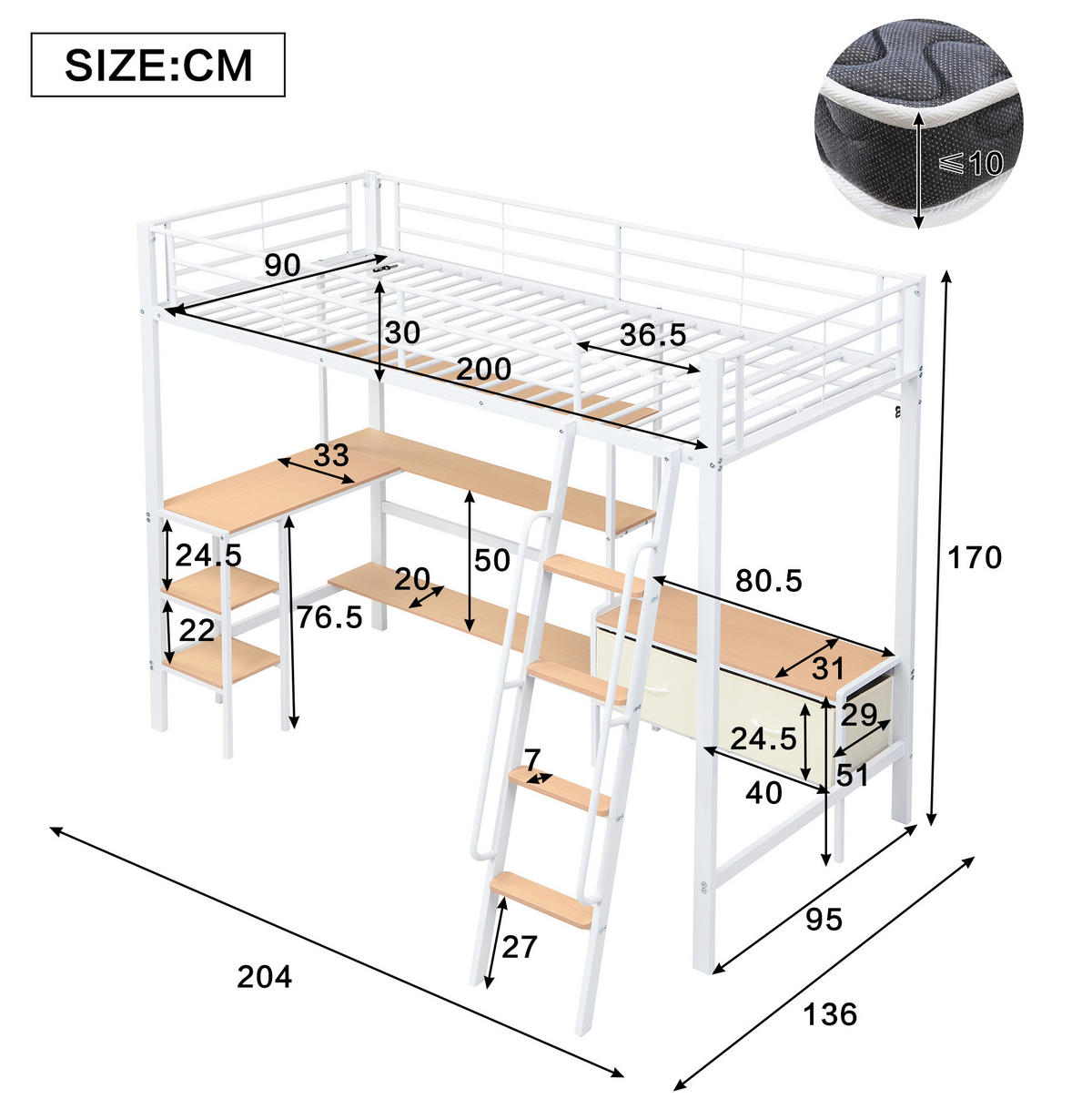 HOCHBETT 90/200 cm Weiß/Natur mit Schreibtisch und Stauraum - Weiß, Metall (90/200cm) - MIVRAY
