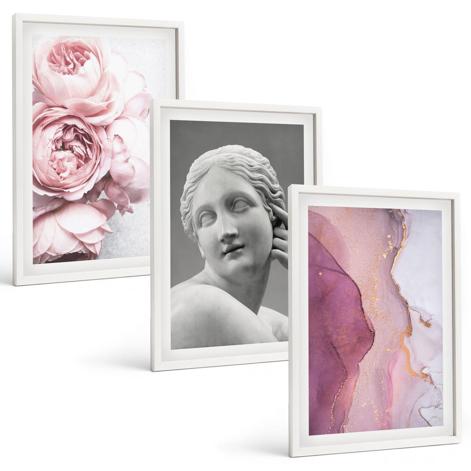 BILDER SET 3er Set - 40x60 cm Weißer Rahmen - Pfingstrosen abstrakte Frauenskulptur - Weiß, Kunststoff (40/60cm) - TULUP