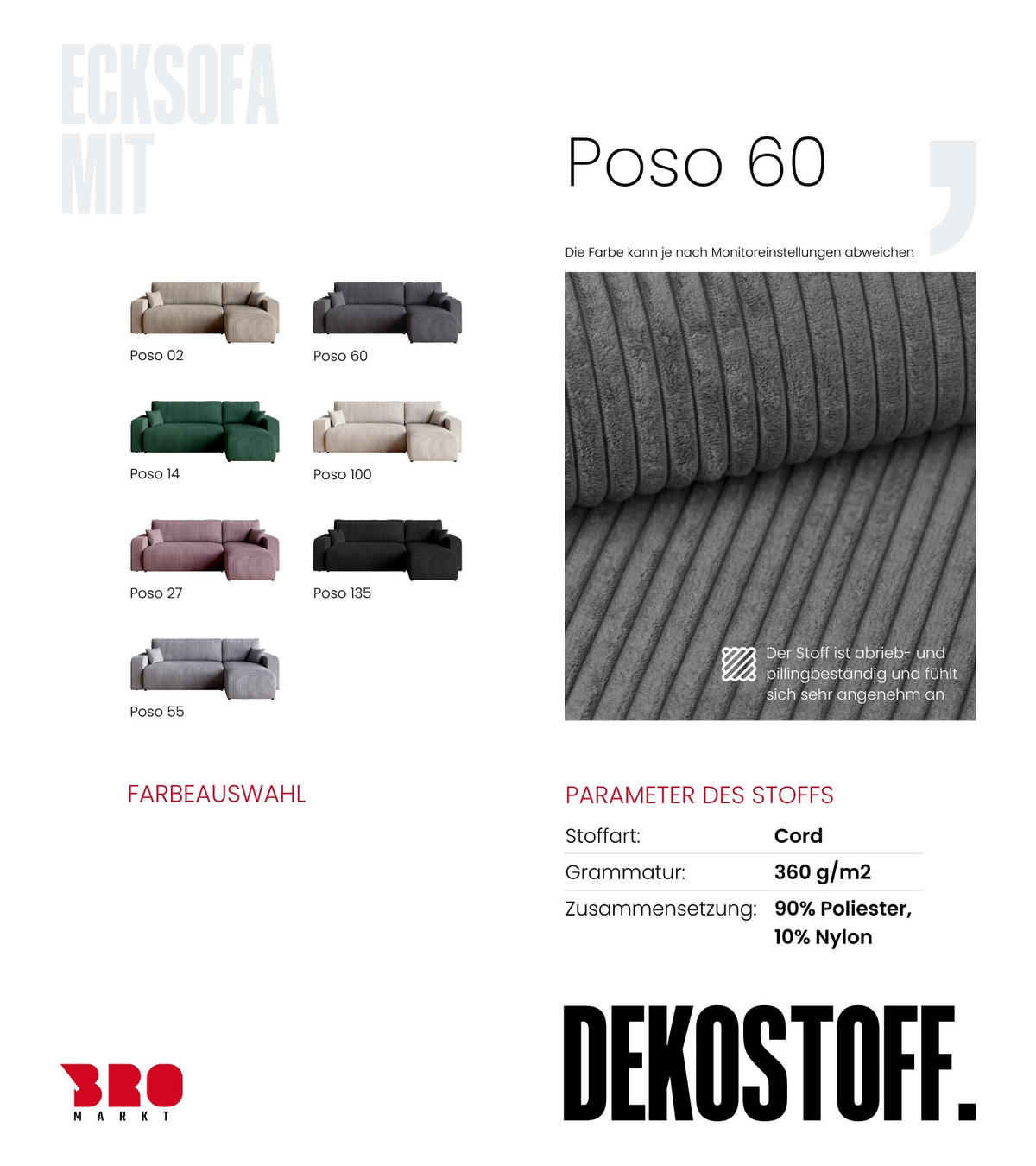 ECKSOFA PUMI mit Schlaffunktion Grau Cord - Grau, Textil (244/148cm) - Bromarkt