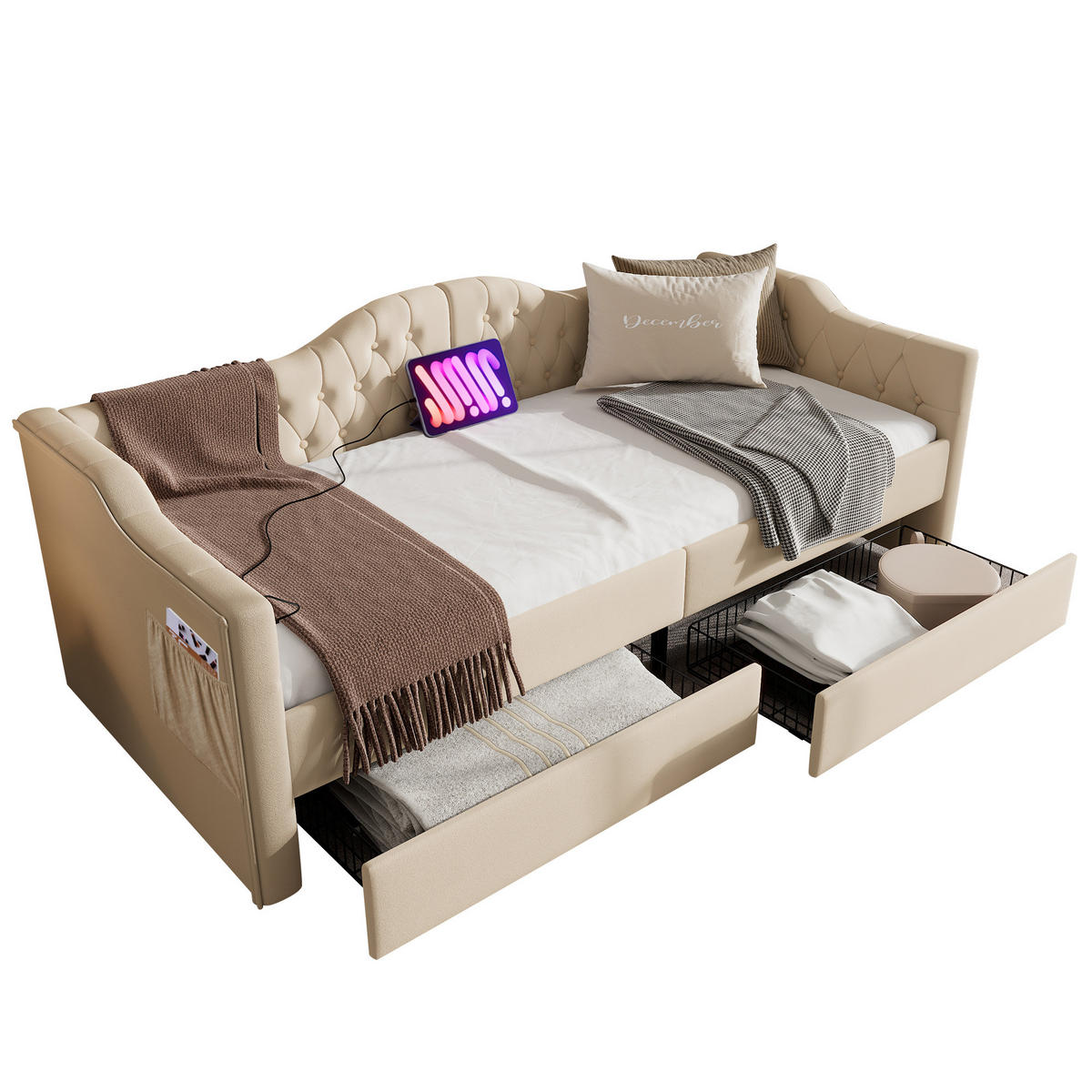 POLSTERBETT 90/200 cm Beige mit USB- und Type-C-Anschlüssen und 2 Schubladen - Beige, Textil (90/200cm) - OKWISH