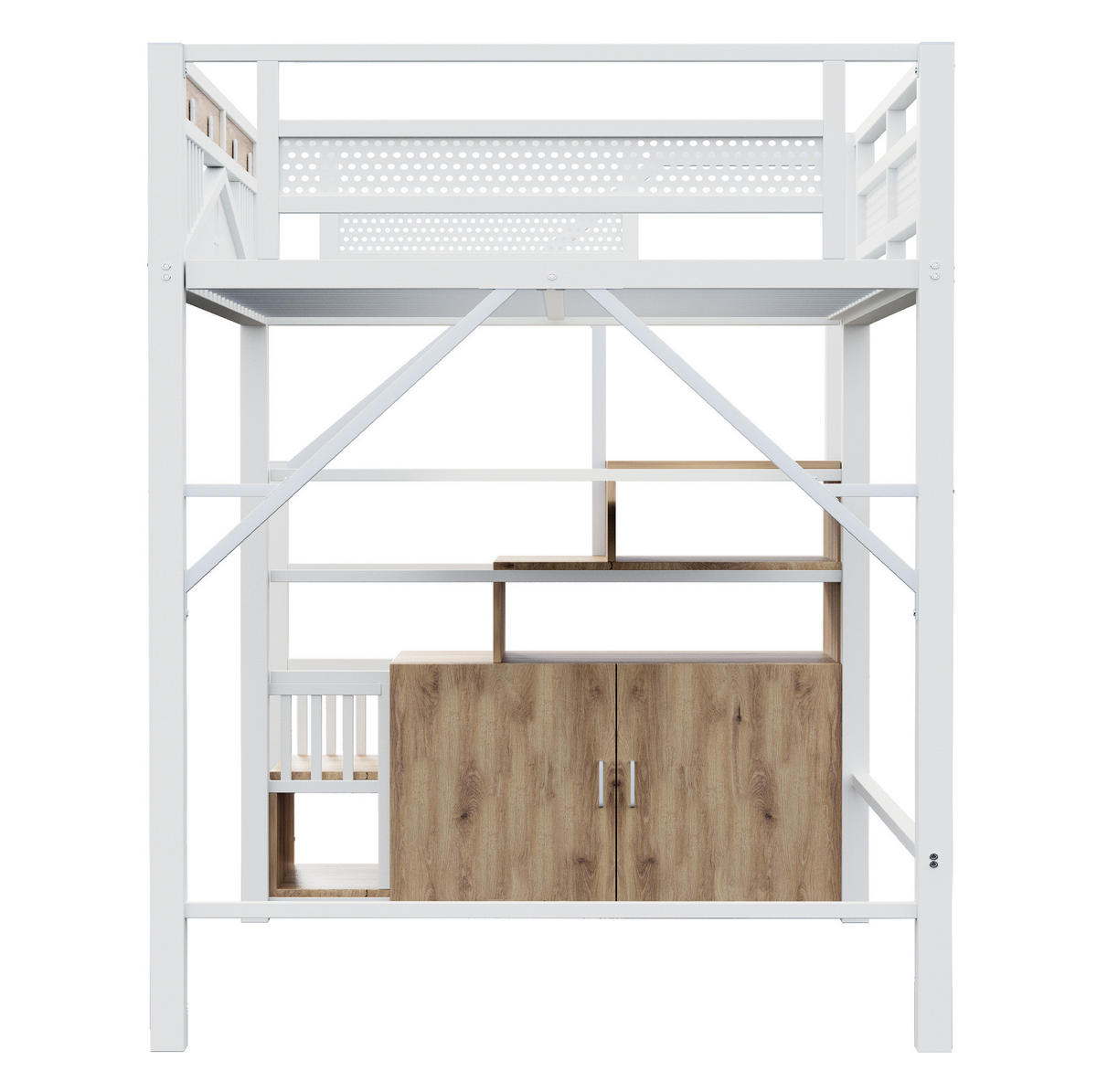 HOCHBETT 140/200 cm mit Treppe, Stauraum und Sicherheitszaun im Fensterdesign, Weiß - Weiß, Metall (140/200cm) - Redom