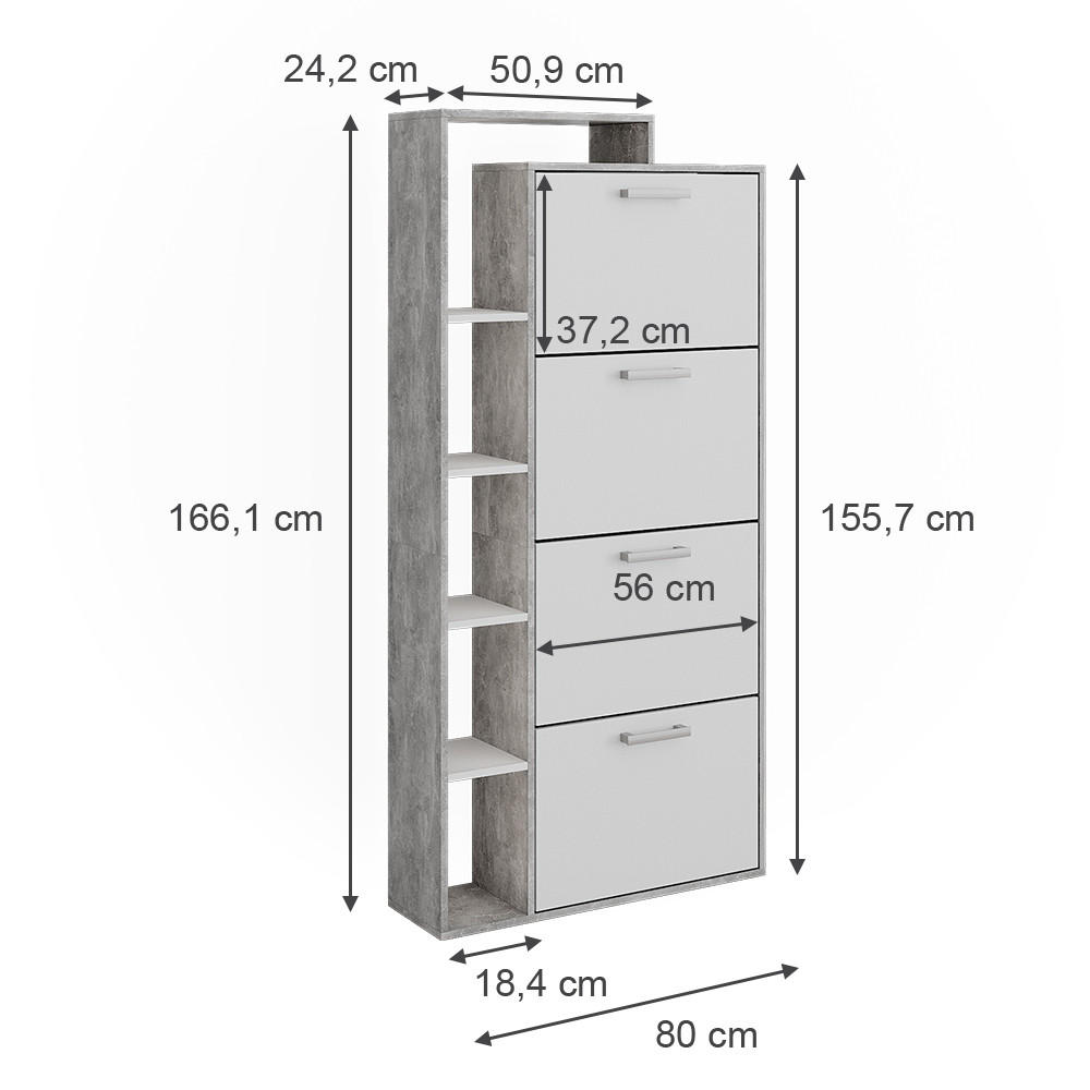 SCHUHKIPPER Orlando Weiß/Beton 80 x 166.1 cm mit 4 Fächern - Weiß/Grau, Holzwerkstoff (80/166.1/24.2cm) - Vicco