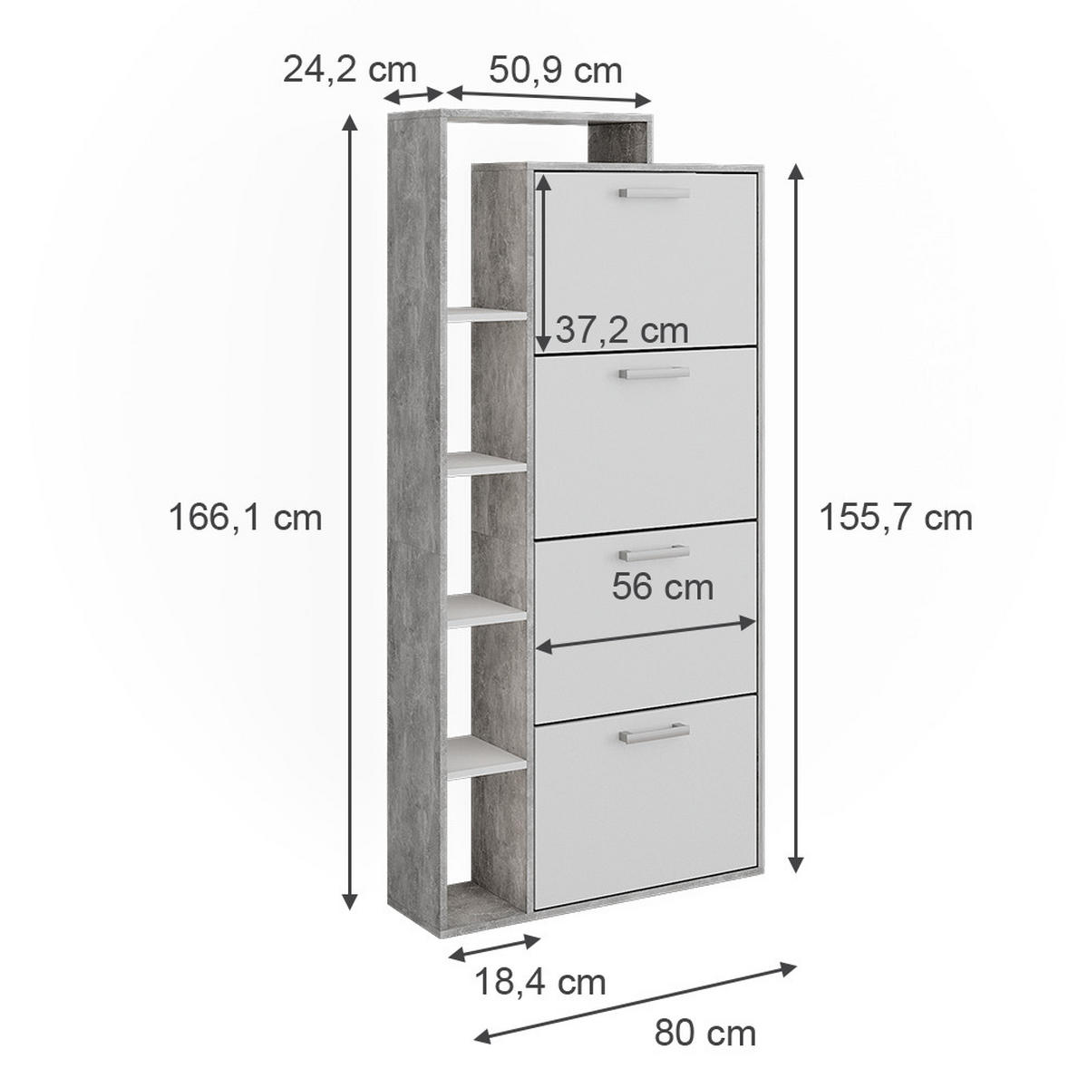 SCHUHKIPPER Orlando Weiß/Beton 80 x 166.1 cm mit 4 Fächern - Weiß/Grau, Holzwerkstoff (80/166.1/24.2cm) - Vicco