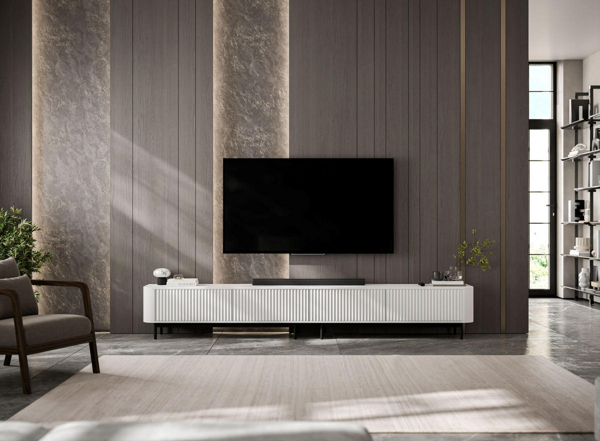 TV skrinka Aurora, set 2 kusov s kovovým rámom, matná biela, 280 cm - čierna/biela, kov/kompozitné drevo (280/44/35cm) - Meble Lindner