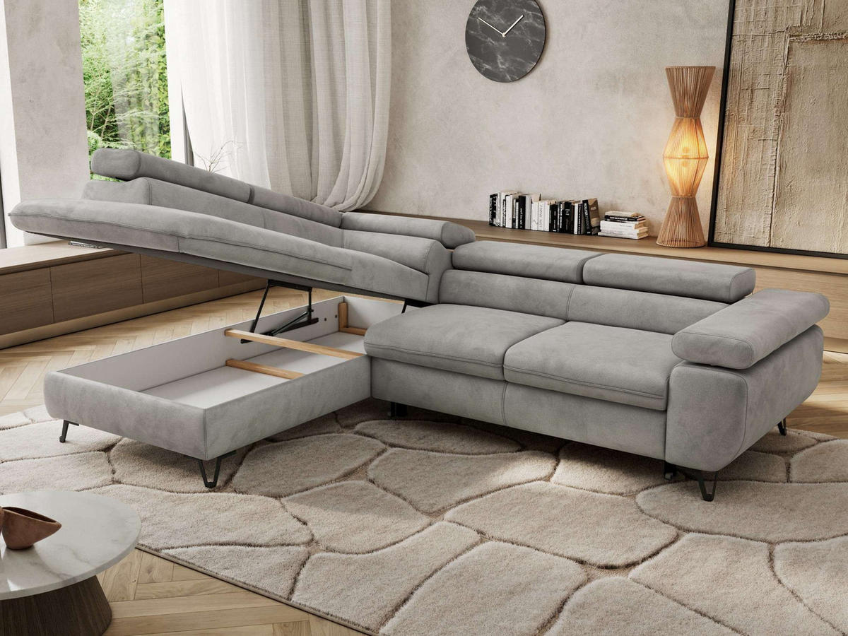 ECKSOFA PABLO L Hellgrau Velvet - Links Seite mit Visco Topper - Hellgrau/Schwarz, Textil/Metall (208/273cm) - MKS