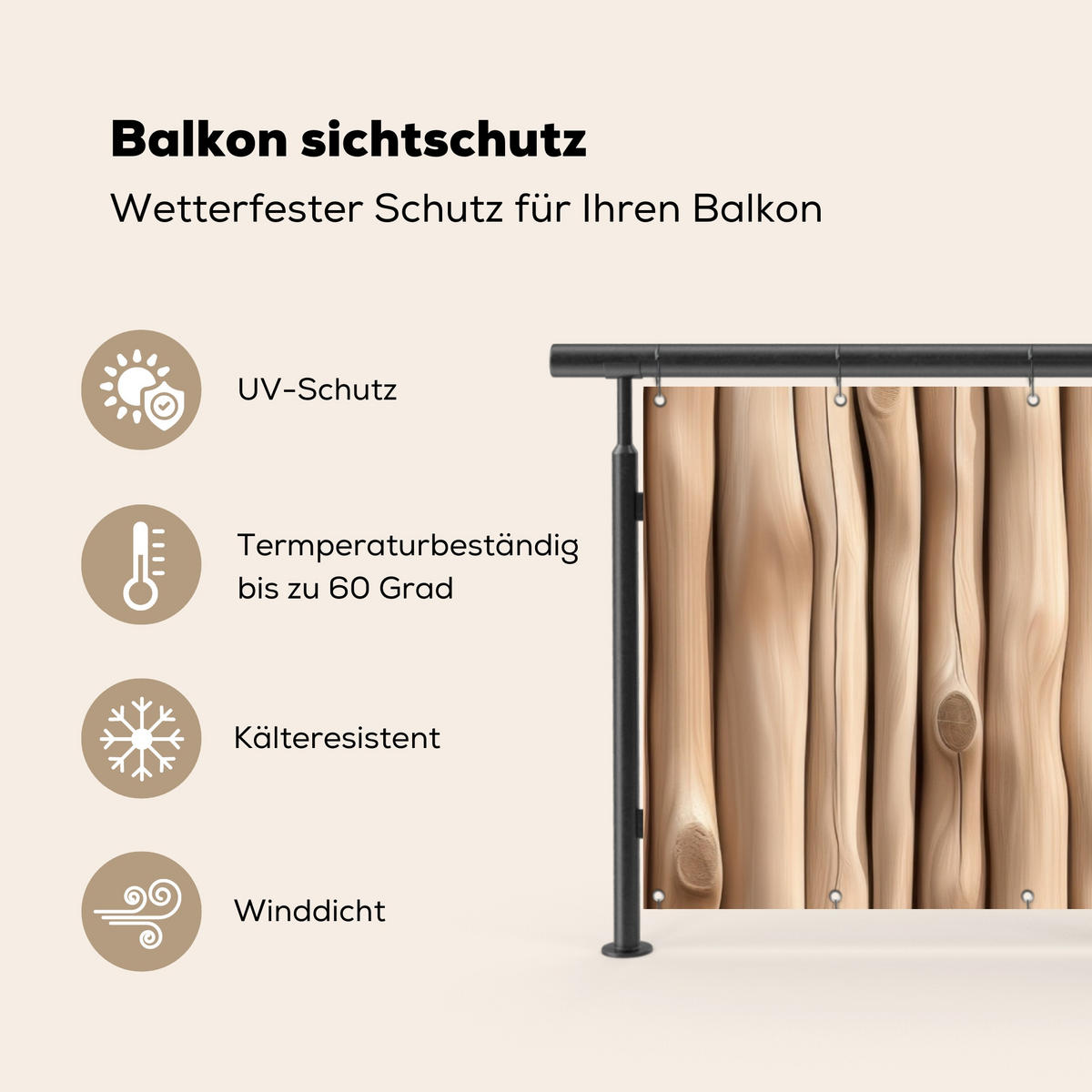 BALKON-SICHTSCHUTZ Holz - Stiel - Hellbraun - Ahornfarben, Kunststoff (200/90cm) - MuchoWow
