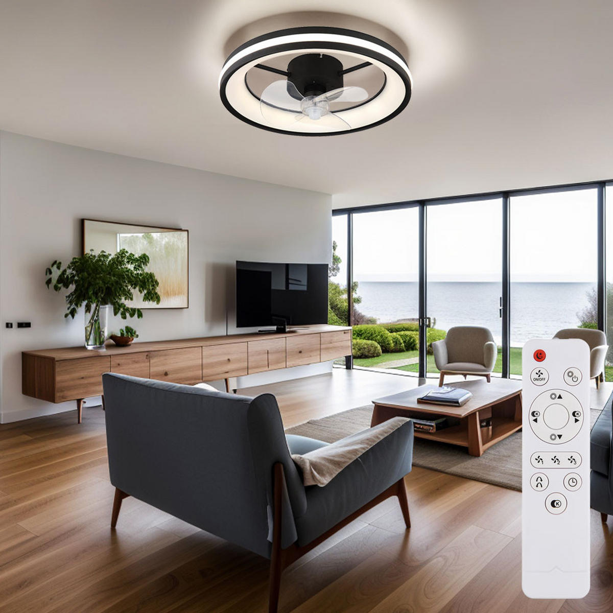 LED DECKENLEUCHTE Ventilator Metall Schwarz - Schwarz, Metall (49.5/49.5/15cm) - Globo Lighting