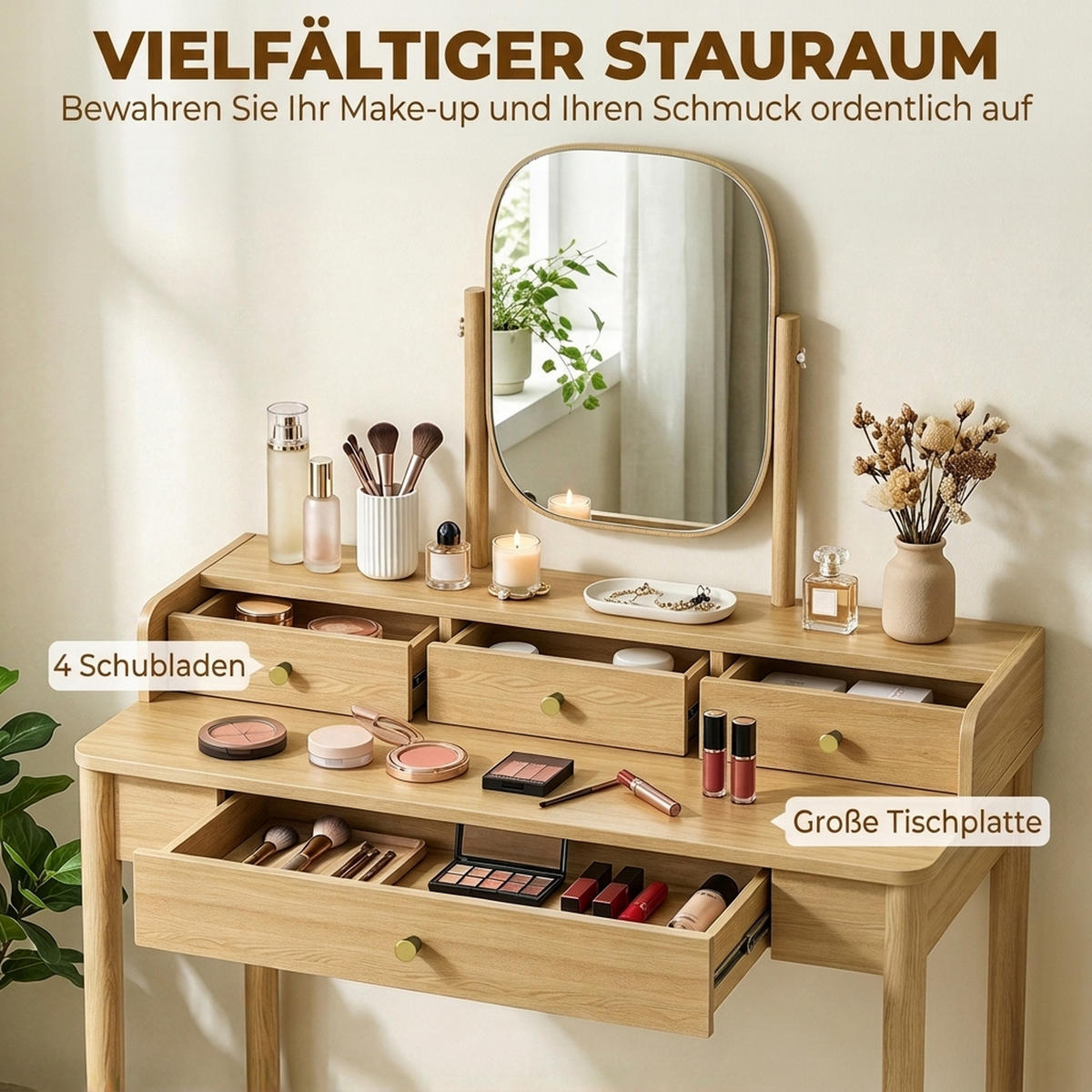 FRISIERTISCH MDF Eiche - Eichefarben/Goldfarben, Holz/Holzwerkstoff (50/127.5/90cm) - HOMCOM