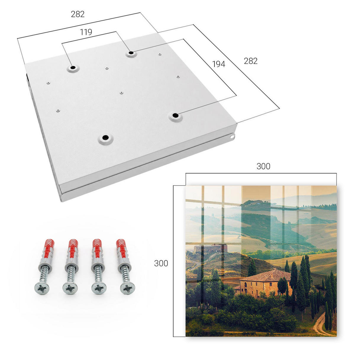 SCHLÜSSELBOX Weiß 30x30 cm – Türöffnung nach rechts - Toskana-Landschaft - Grün, Metall (30/30/5cm) - TULUP