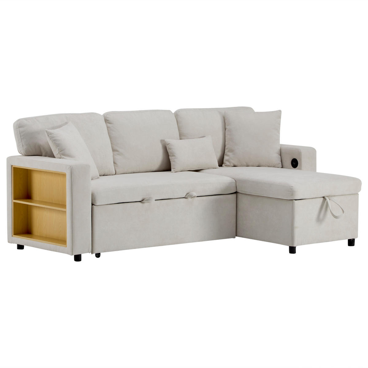 ECKSOFA L-Form Schlafcouch mit Stauraum und USB-Anschluss Samt Beige 214/131/87 cm - Beige, Textil (214/131cm) - OKWISH