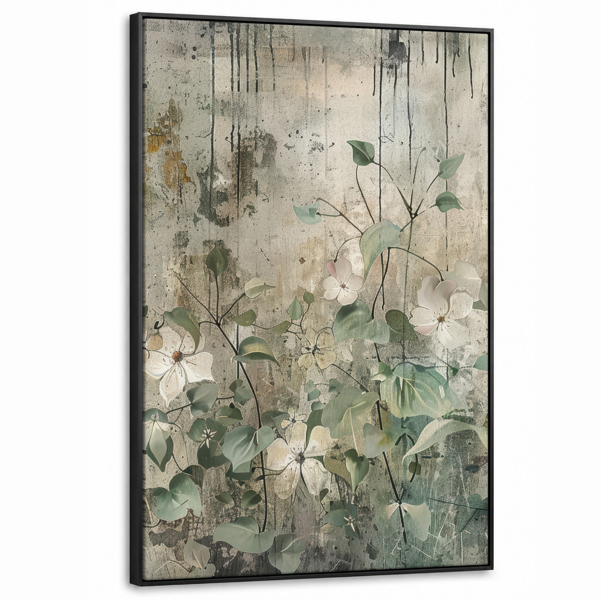 LEINWAND Bilder mit Rahmen - Blumen - Blätter - Abstrakt - Modern - 80x120 - Grau, Textil (80/120cm) - MuchoWow