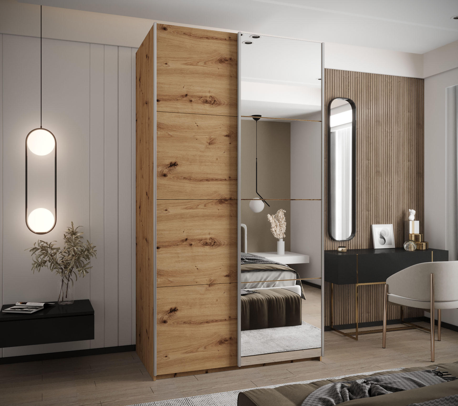 SCHWEBETÜRENSCHRANK 245,5/140/64 2-türig - Silberfarben/Eiche Artisan, Holz/Metall (140/245/64cm) - Abiks Möbel