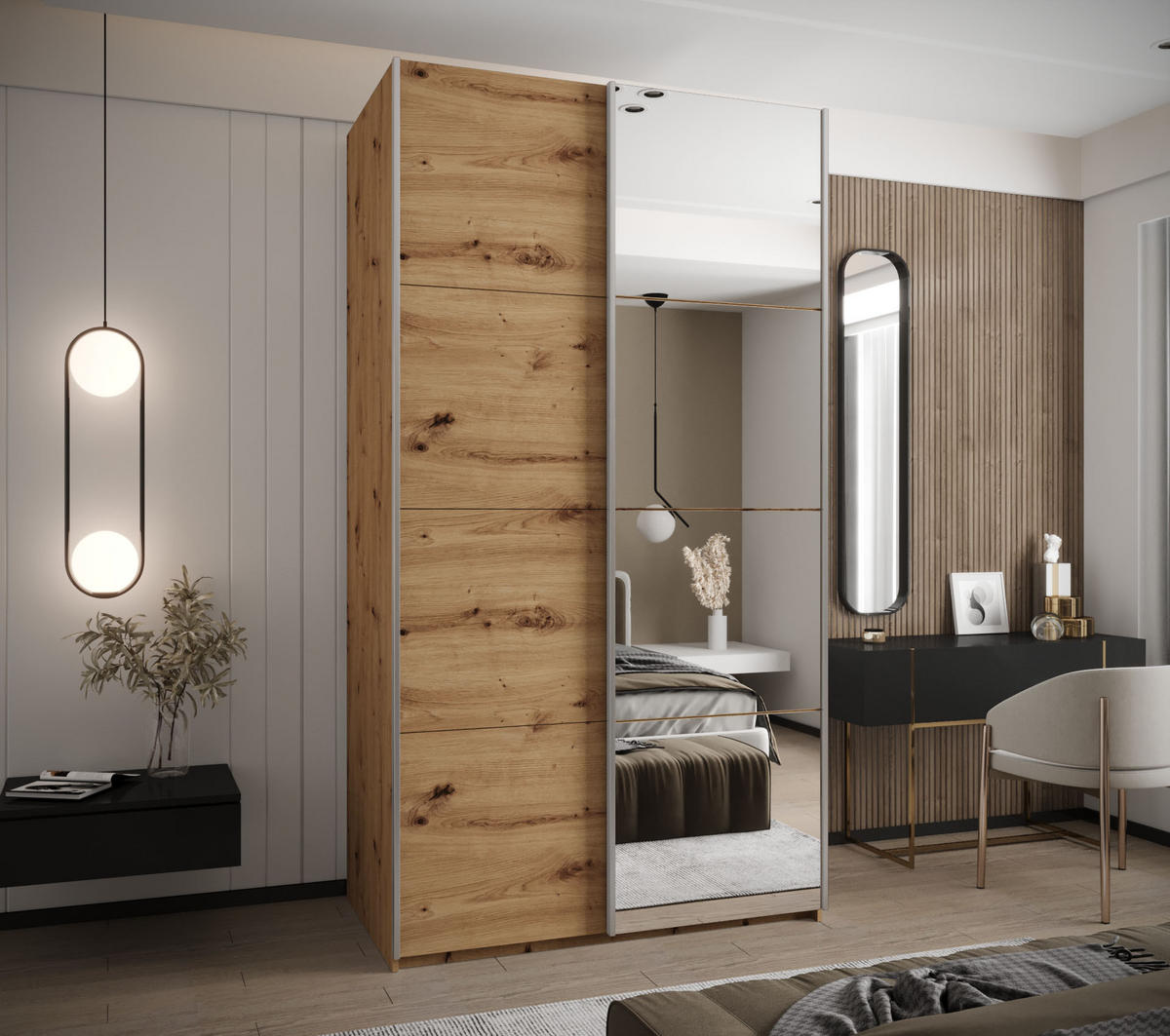 SCHWEBETÜRENSCHRANK 245,5/140/64 2-türig - Silberfarben/Eiche Artisan, Holz/Metall (140/245/64cm) - Abiks Möbel