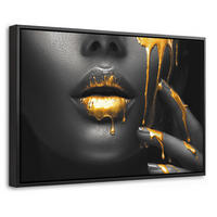 LEINWAND Bilder mit Rahmen - Frau - Schwarz - Gold - Gesicht - Lippen - 30x20 - Goldfarben, Textil (30/20cm) - MuchoWow