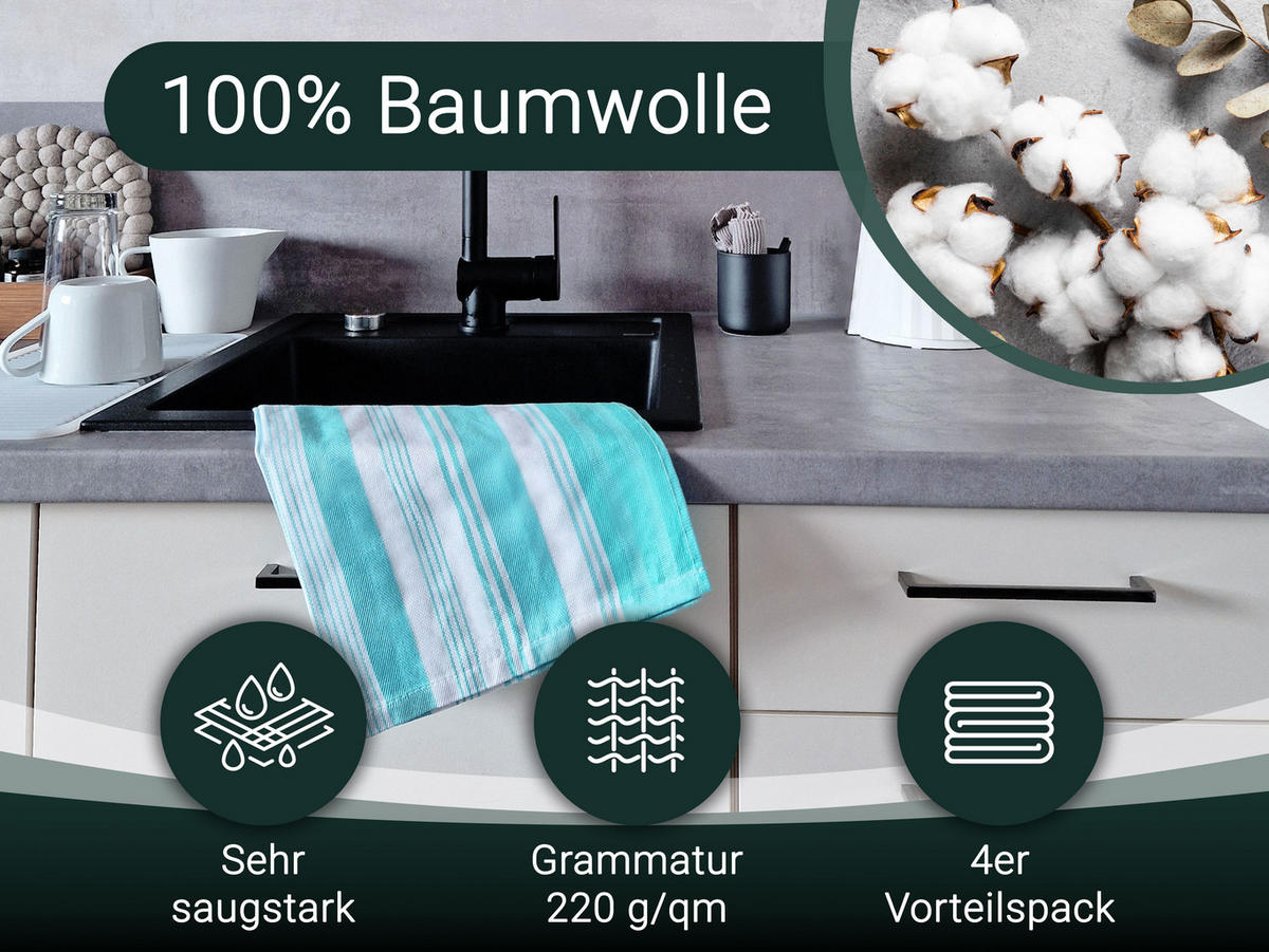 GESCHIRRTÜCHER, 4er-Set, 50x70 cm, 100% Baumwolle, Grün - Mintgrün, Textil (50/70cm) - Zollner