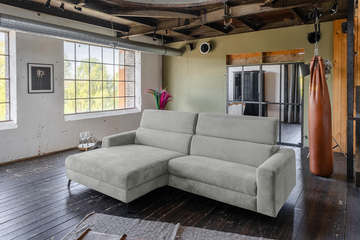 ECKSOFA LAISKA Hellgrau Cord - Hellgrau/Schwarz, Textil/Metall (282/177cm) - KAWOLA