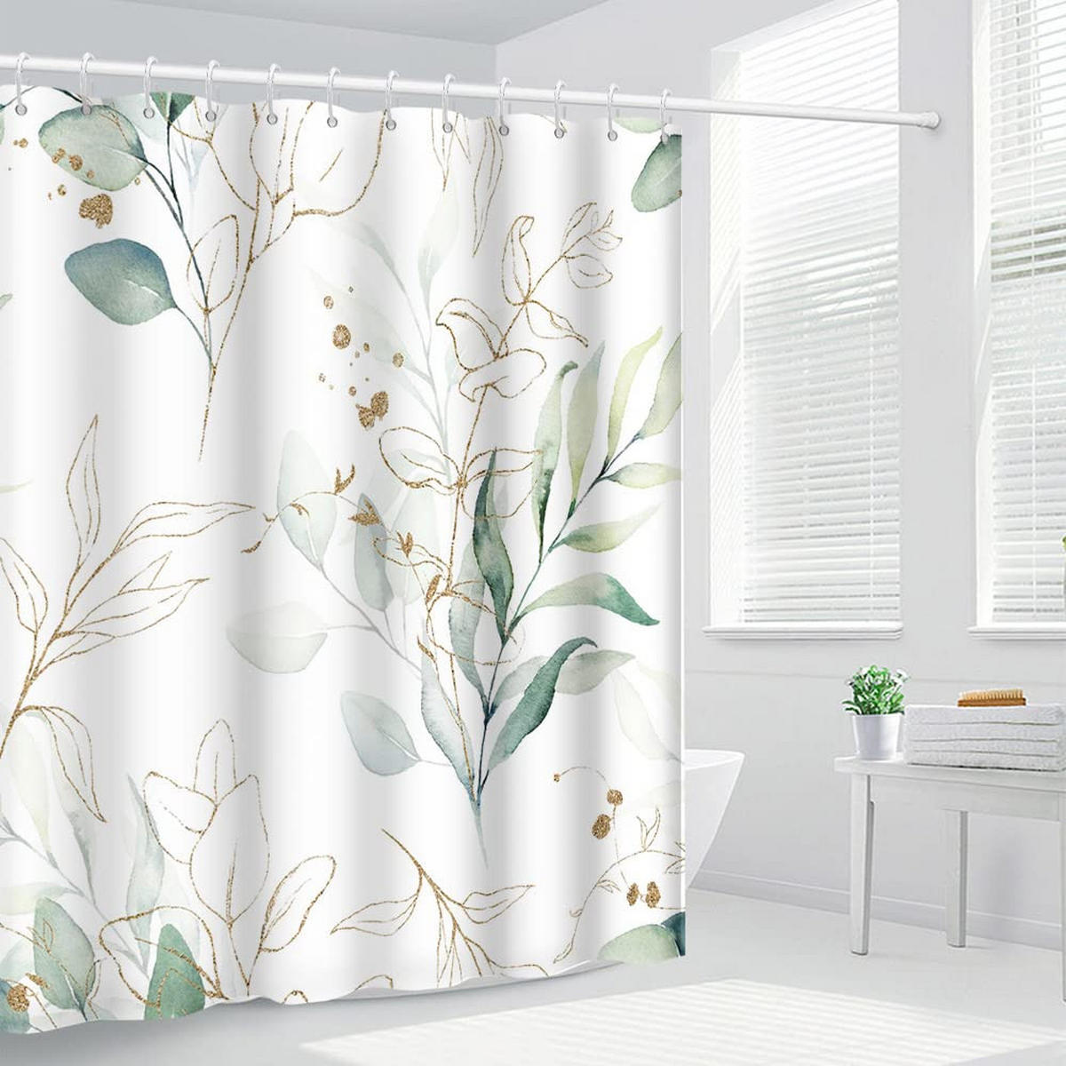 DUSCHVORHANG Blätter Grün Muster Polyester schimmelresistent mit Haken Badezimmer - Multicolor, Textil (180/180cm) - MCBOSON