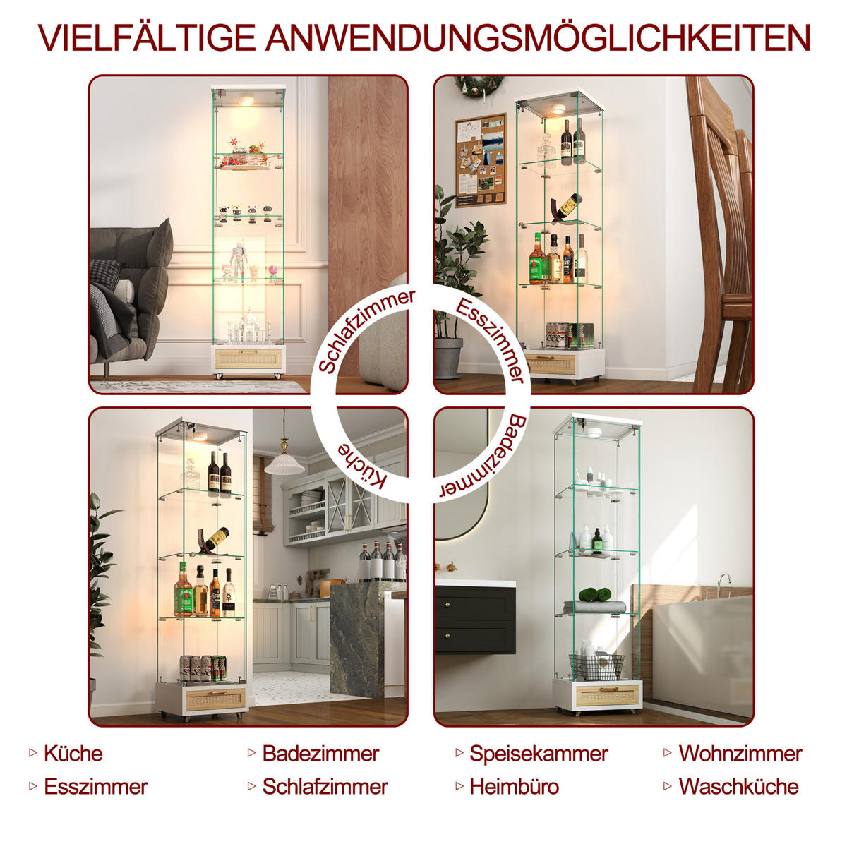 VITRINA 36,5/42,5/167 cm bijela od MDF-a i kaljenog stakla s LED rasvjetom i ladicama - bijela, drvni materijal (42.5/167/36.5cm) - OKWISH