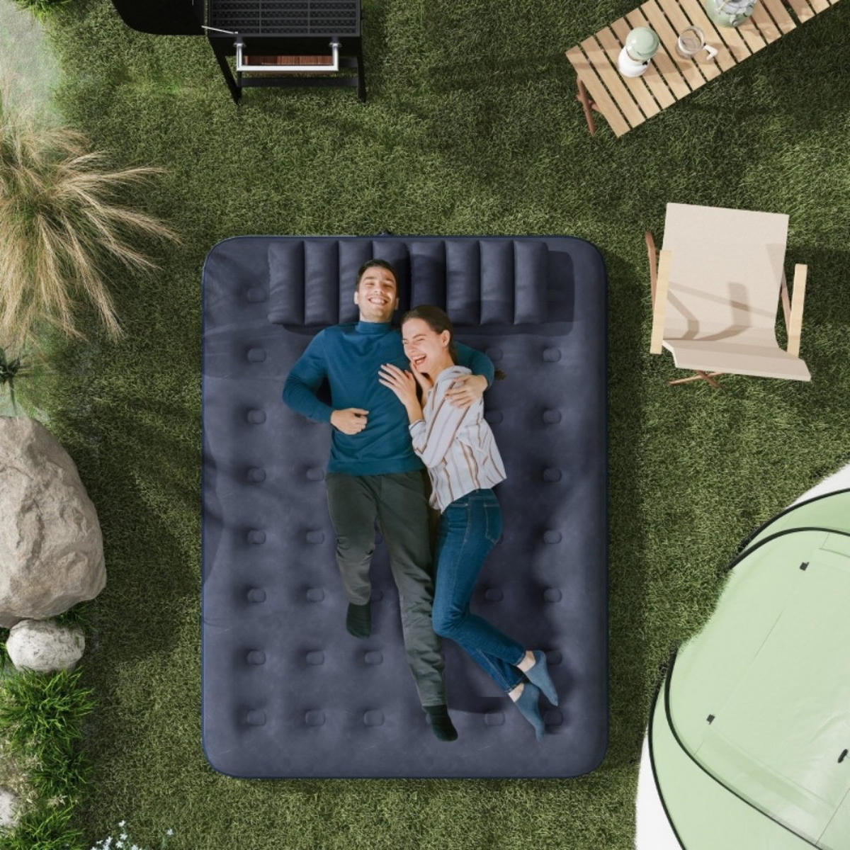 LUFTBETT Doppel-Luftmatratze mit Handpumpe & Kopfkissen， Blau 203x152x22cm für Camping & Gäste - Blau, Kunststoff