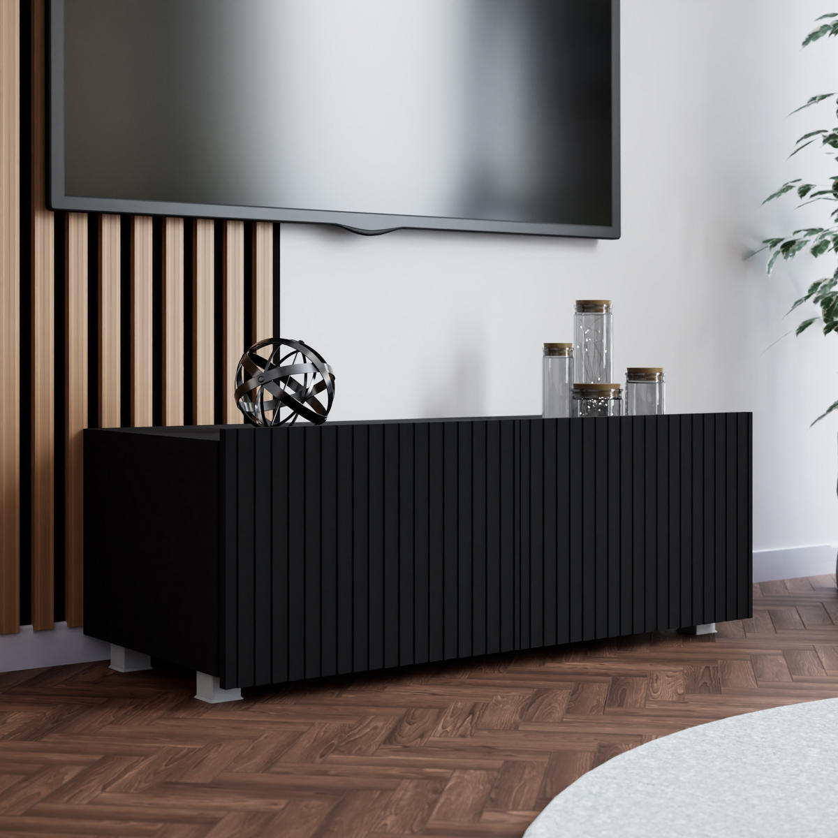 LOWBOARD Kavell mit 2 Türen, 100 cm, stehend/hängend, weiß matt - Schwarz, Holzwerkstoff (100/37.5/43cm) - Beautysofa