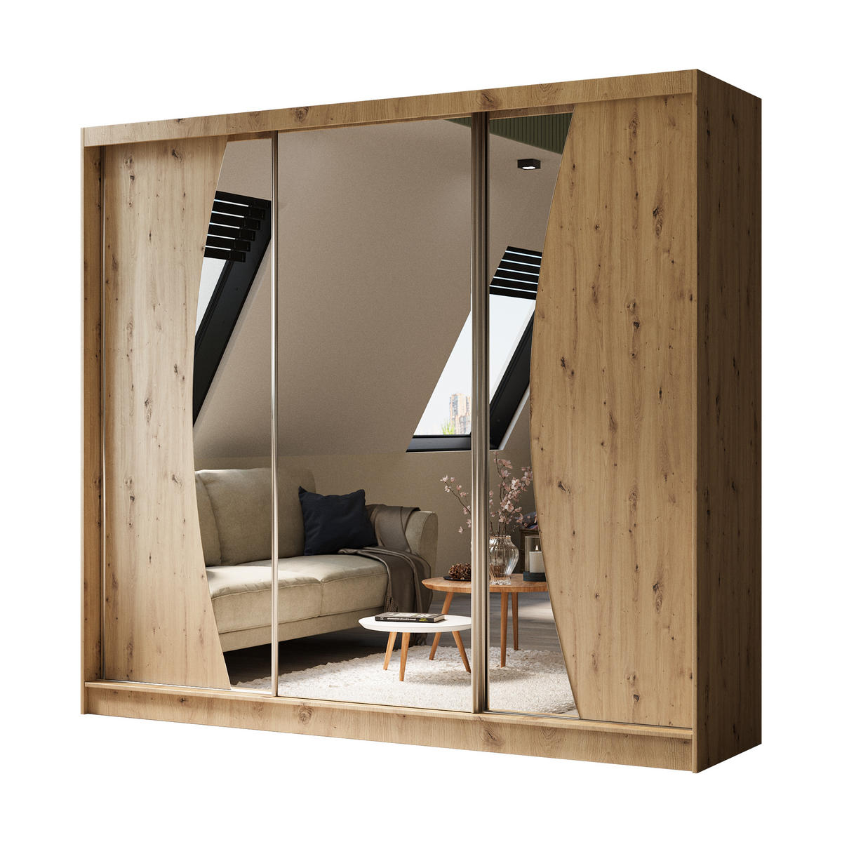 KLEIDERSCHRANK mit Spiegel-Schiebetüren und Aluminium-Leisten - VOXI - 240 cm Eiche Artisan - Eiche Artisan, Holzwerkstoff (240/216/61cm) - ALTDECOR