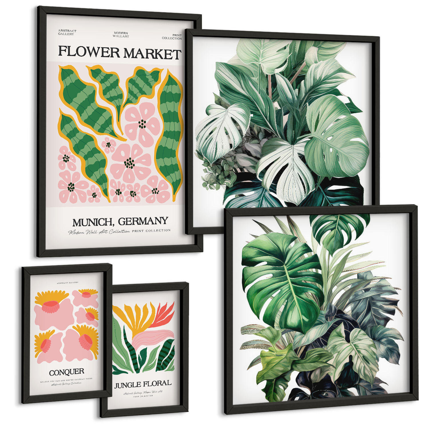 BILDER SET 5er Set - 50x50 cm & 20x30 cm & 40x60 cm Schwarzer Rahmen - Blumen und Blätter – moderne Poster - Schwarz, Kunststoff (40/60cm) - TULUP