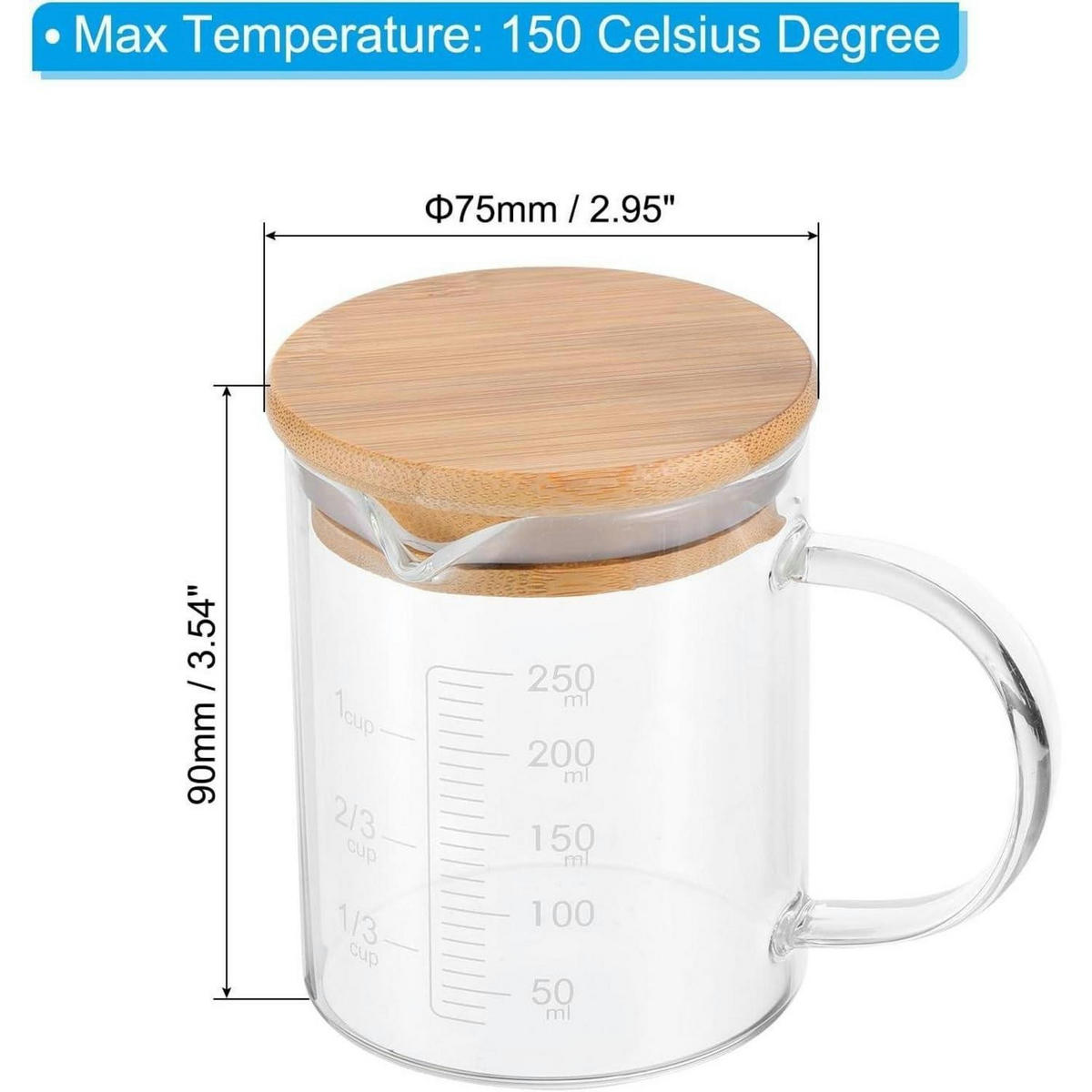 MESSBECHER 250 ml Borosilikatglas mit Holzdeckel und Ausguss - Weiß, Glas (0.25L)
