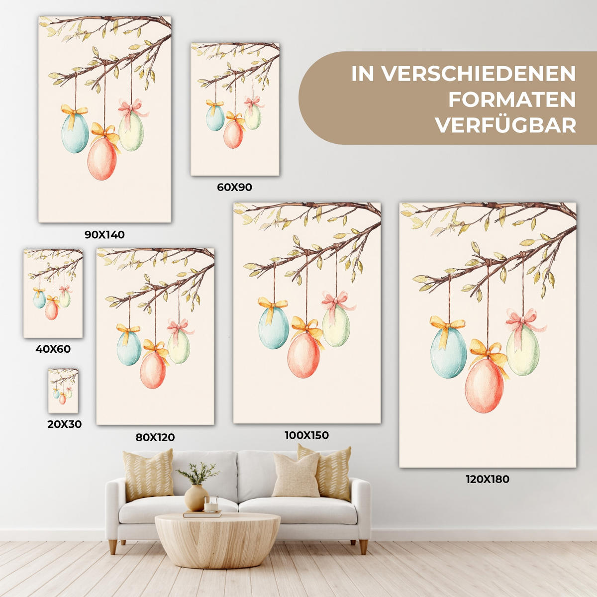 LEINWANDBILD Osterkuchen - Schleife - Eier Deko Groß 90x140 cm - Creme, Textil (90/140cm) - MuchoWow