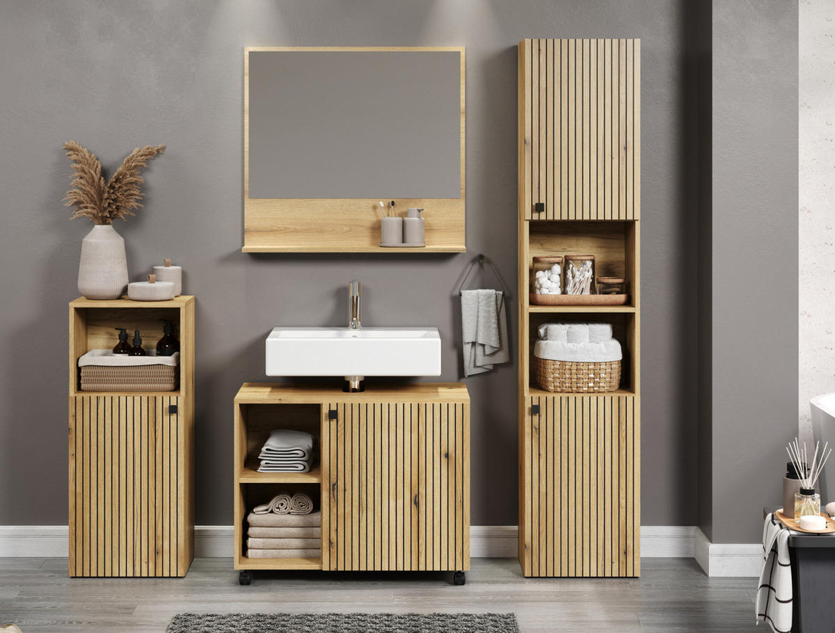 WASCHBECKENUNTERSCHRANK Evoke Eiche 80 cm, Badschrank auf Rollen - Eichefarben/Schwarz, Holzwerkstoff/Kunststoff (80/64/42cm) - Top.Furn