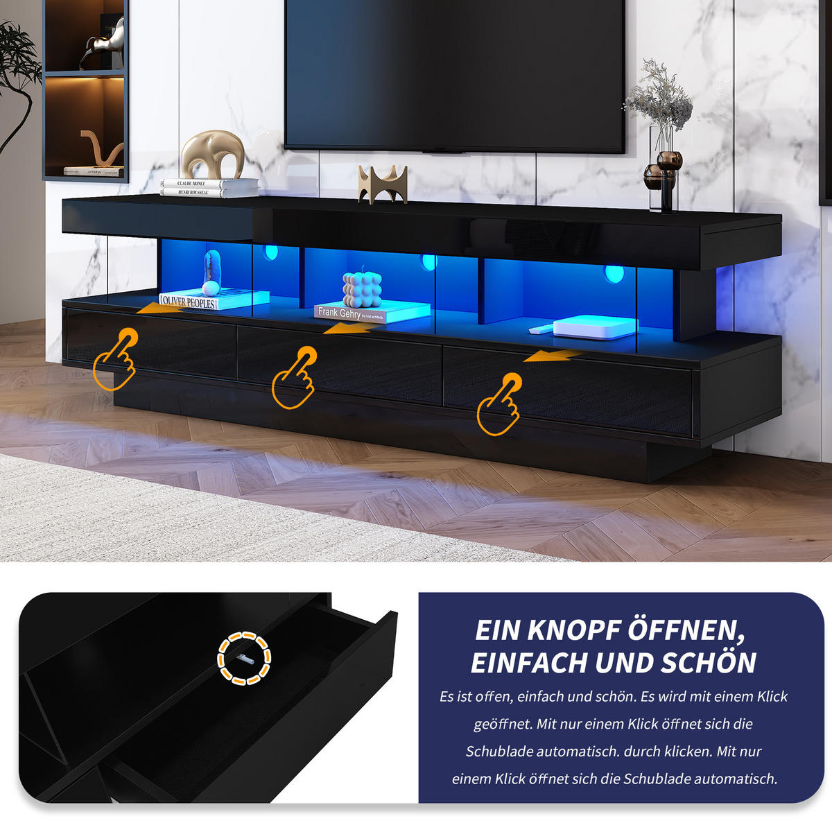 TV-ELEMENT in Schwarz TV-Ständer mit 3 Schubladen, LED-Beleuchtung , geeignet für das Wohnzimmer. Maße: 160 cm (B) / 38 cm (T) / 50,5 cm (H) - Schwarz, Holzwerkstoff (160/50.5/38cm) - STILVORA