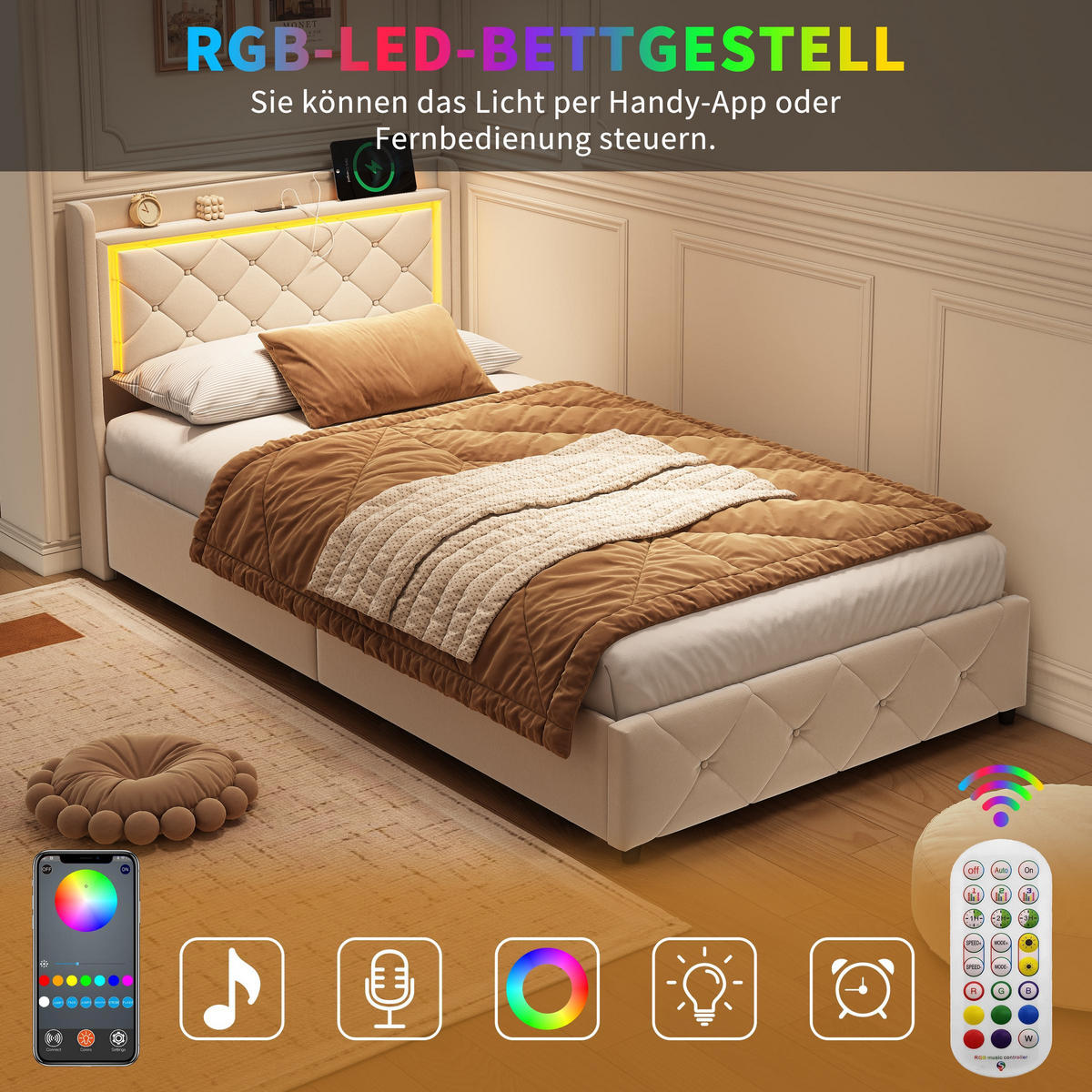 POLSTERBETT 90x200cm -Lumina-Rest- mit LED & Ladefunktion – Samt Beige - Beige, Textil (90/200cm) - DELFA