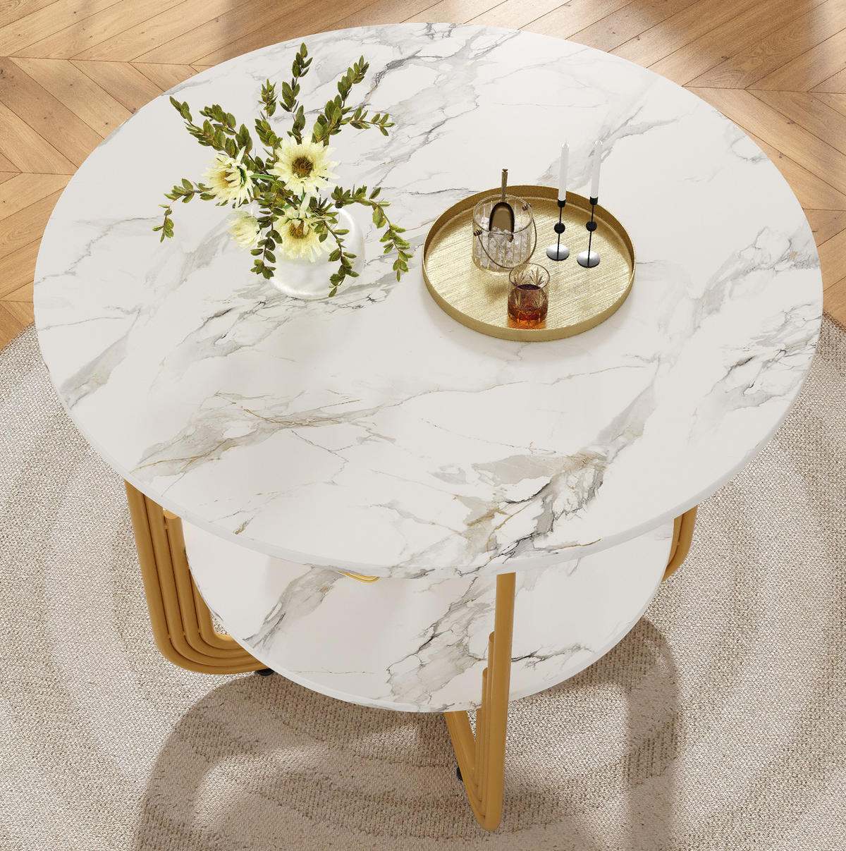 ESSTISCH rund, MDF-Marmoroptik mit Ablagefläche, 80/80/76 cm, Gold - Goldfarben, Holzwerkstoff (80/80/76cm) - Redom