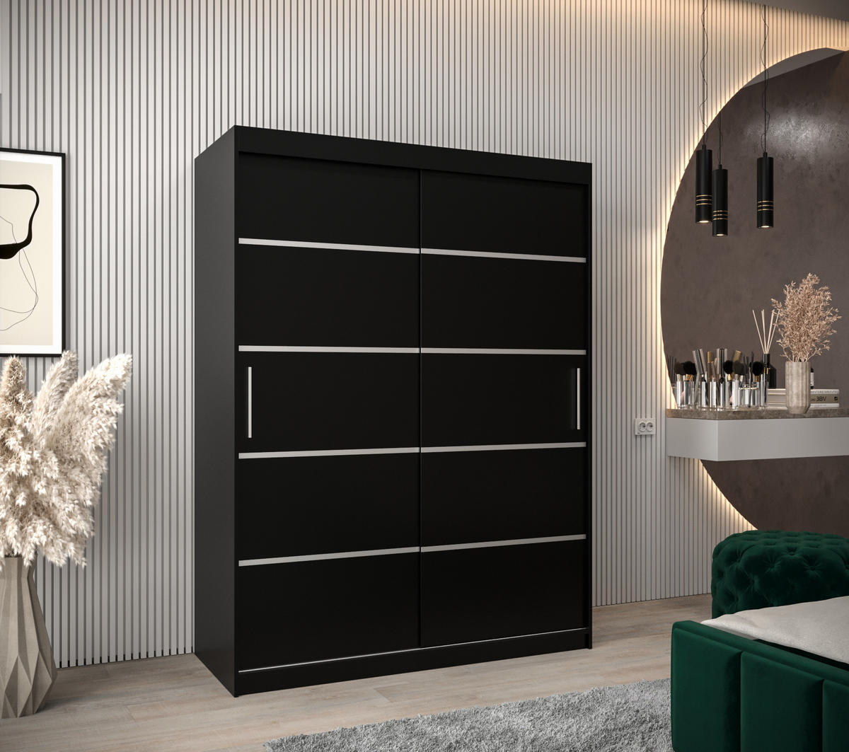 SCHWEBETÜRENSCHRANK 200/150/62 2-türig - Silberfarben/Schwarz, Holz/Kunststoff (150/200/62cm) - Abiks Möbel