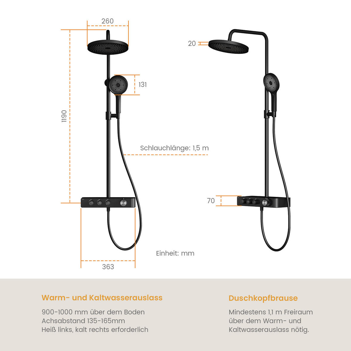 ÜBERKOPFBRAUSESET mit Thermostat Runde Überkopfbrause Vielseitig Schwarz - Schwarz, Metall (35.5/119/40cm) - EMKE