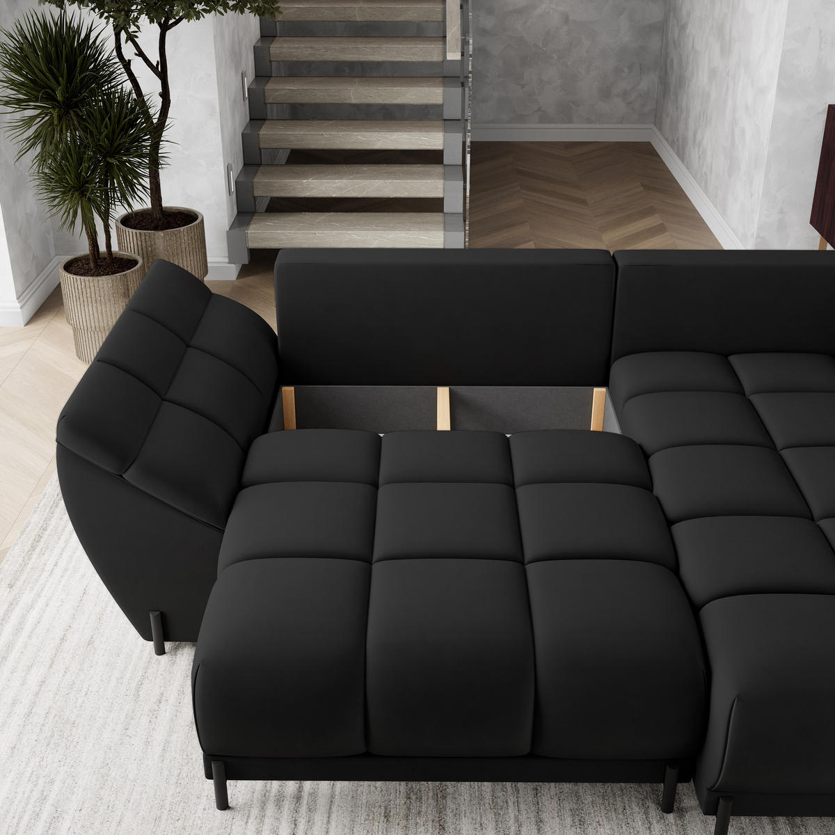ECKSOFA VESTANO R-S Schwarz Velours-Stoff mit Schlaffunktion - Schwarz, Holz (287/182cm) - MASSENO