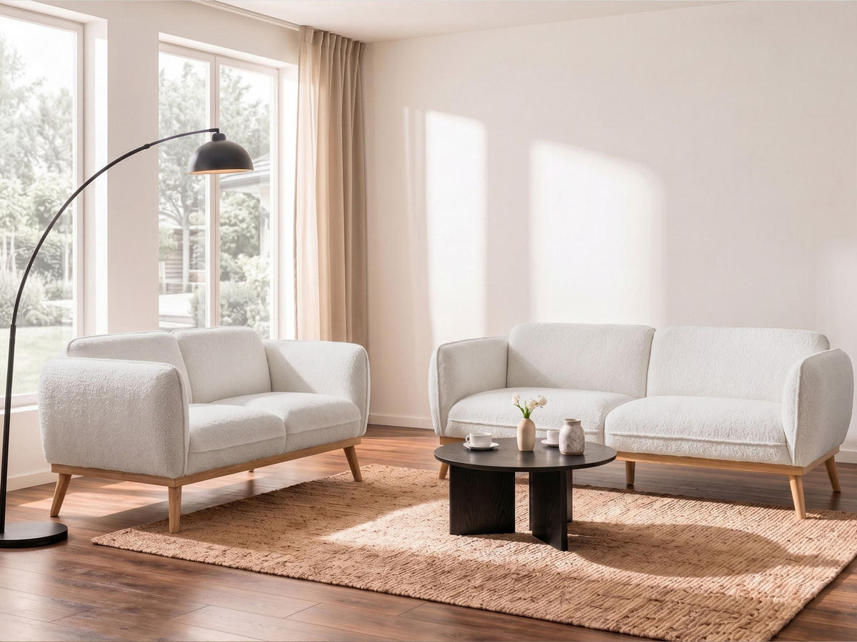 SOFA-SET 5-Sitzer Bouclé Weiß Ljung - Hellbraun/Weiß, Textil (210/82/82cm) - Beliani