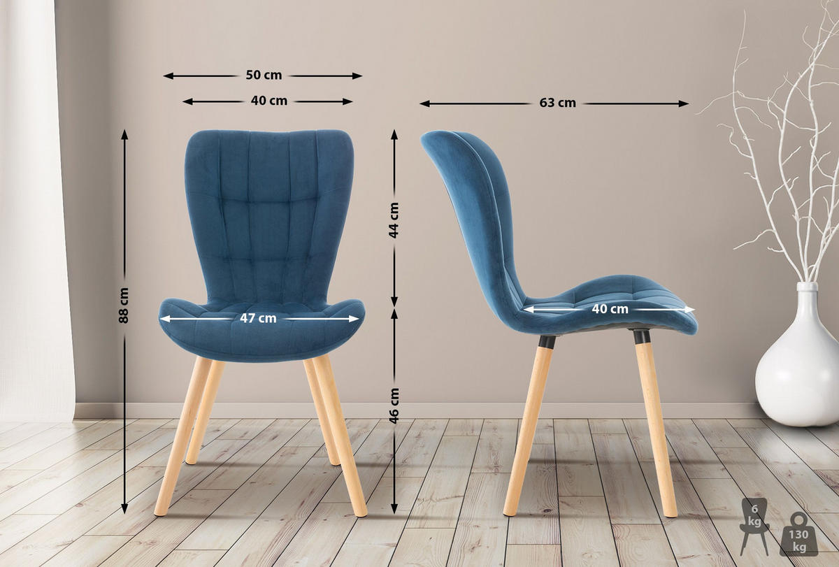 STUHL 2er Set Samt blau - Blau/Eukalyptusholzfarben, Holz/Textil (50/88/63cm) - CLP