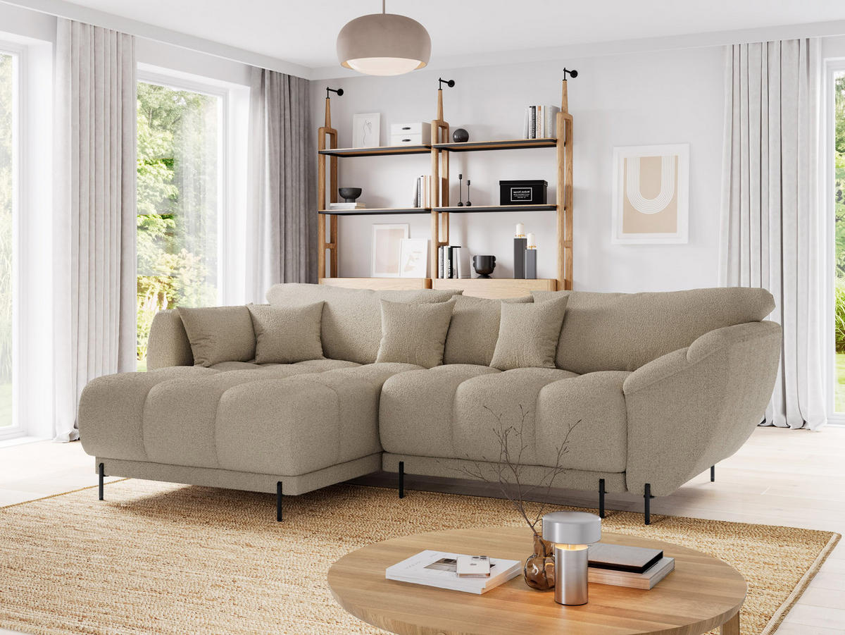 ECKSOFA LEGRO Links weiß Bouclé-Stoff L-Form Couch mit Schlaffunktion & Bettkasten - Schwarz/Weiß, Holz (180/285cm) - Barchello
