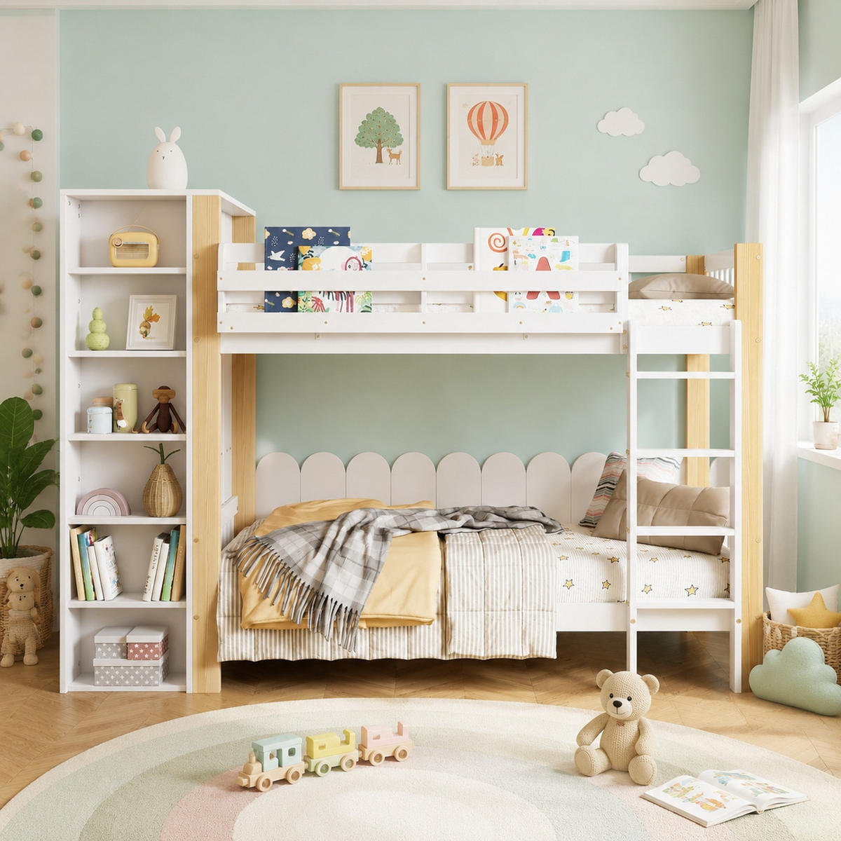 ETAGENBETT 90/200 mit Kleiderschrank, Regalen und Fallschutz in Weiß und Natur - Weiß, Holzwerkstoff (90/200cm) - EVRYAE