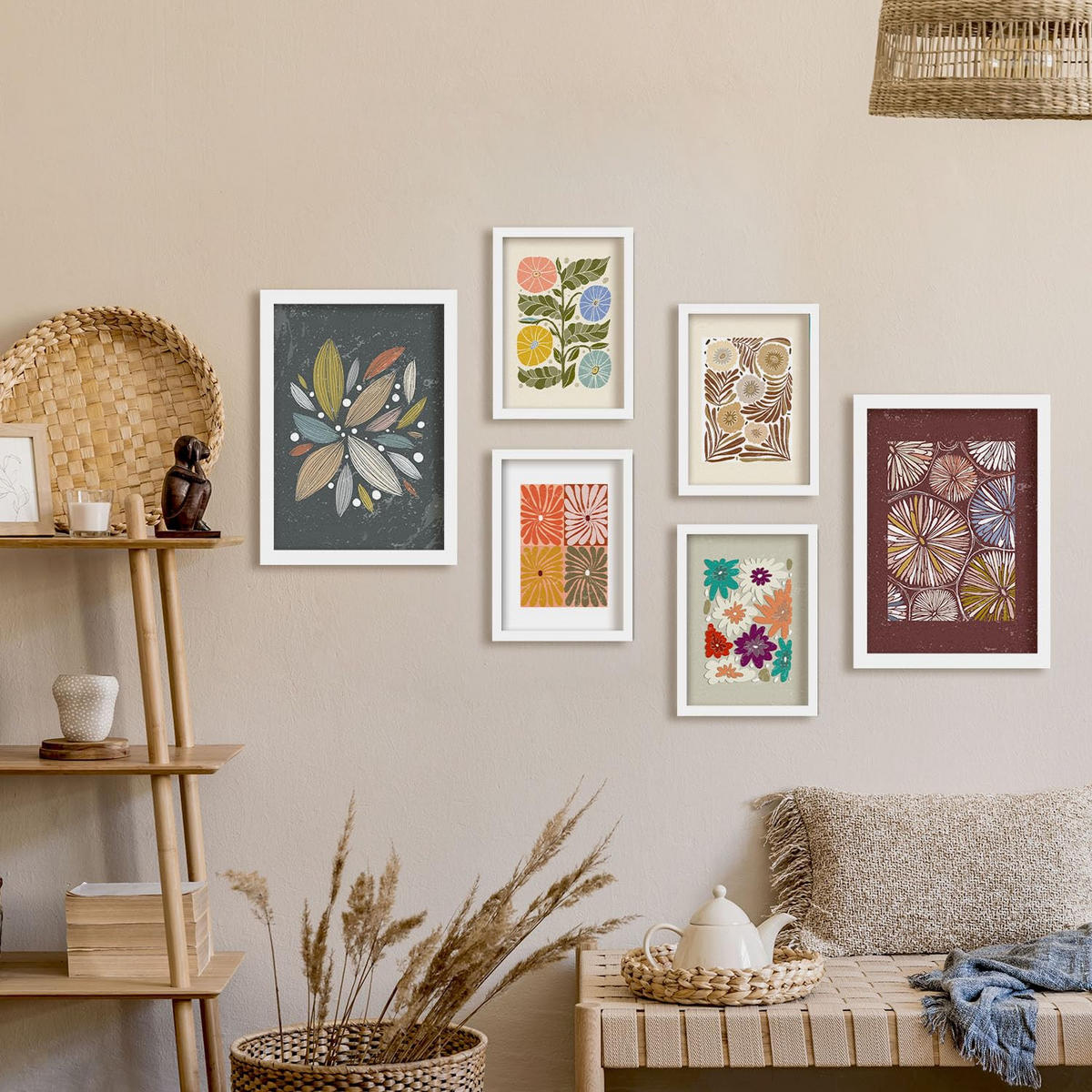 POSTER Set Mit 6 Drucken Von Blütenblättern In Der Sammlung Ethnischere Dekorative Rahmen Für Ihr Zuhause Wandkunstdruck A3 & A4 Weißer Rahmen - Weiß, Papier (29/3cm) - Nacnic