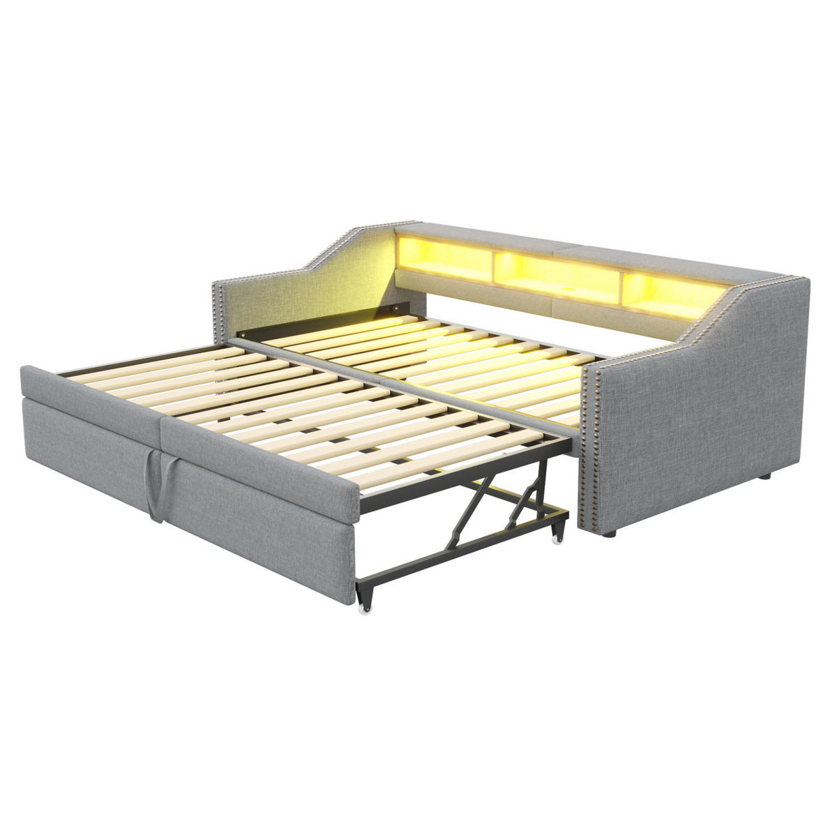 POLSTERBETT 90/180x200 cm mit Ausziehbett, LED-Beleuchtung und USB - Hellgrau, Textil (90/200cm) - BEAOK