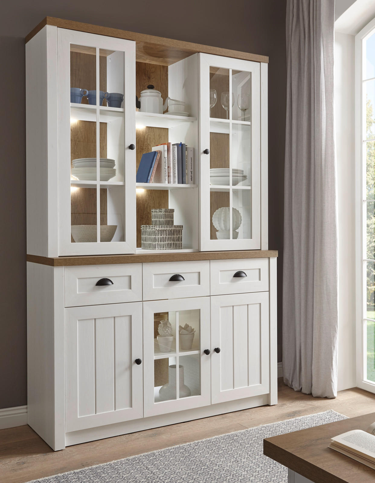 BUFFETSCHRANK weiß Pinie, Eiche hell Landhaus, Buffet 130 x 198 cm - Eichefarben/Schwarz, Holzwerkstoff/Metall (130/198/43cm) - Furn.Design